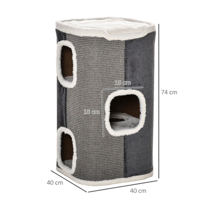 Scratching Barrel 74 cm High three-story cat barrel with cushion, plush edge, cat cave, scratching tree for small cats, Gray+White