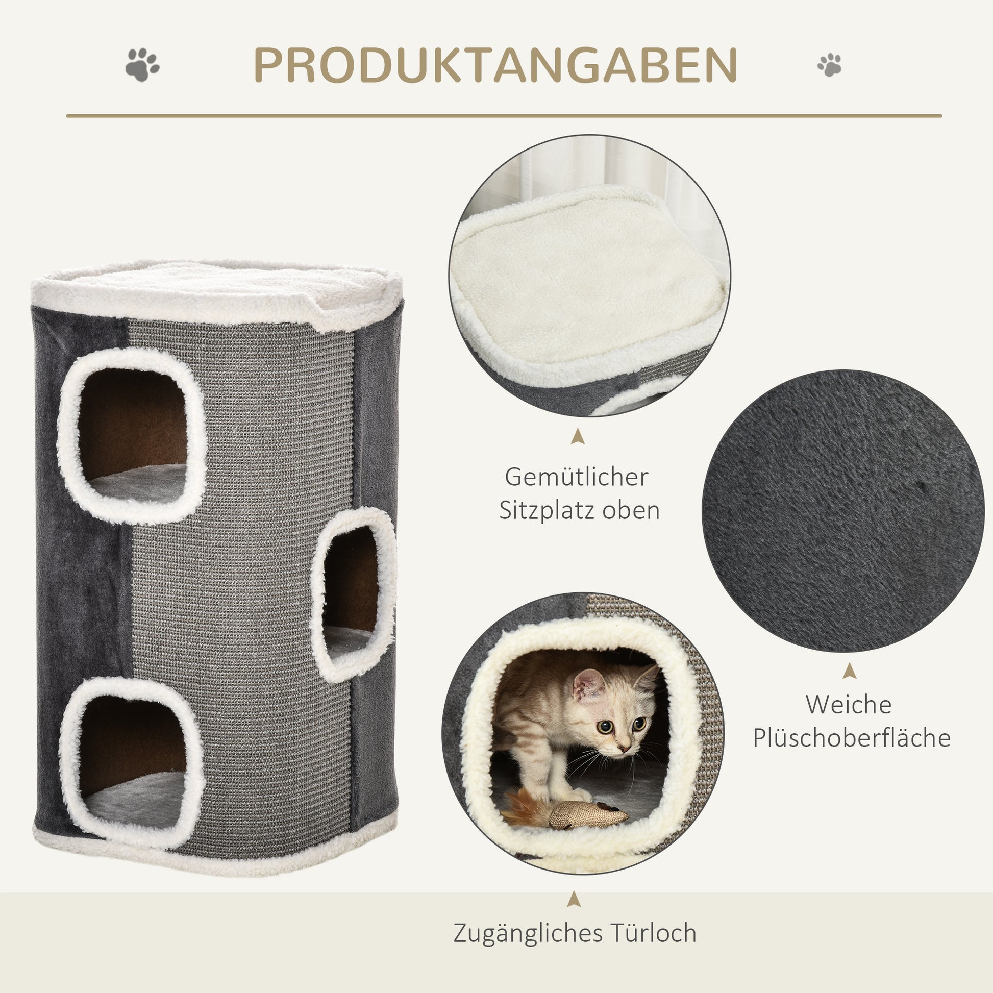 Scratching Barrel 74 cm High three-story cat barrel with cushion, plush edge, cat cave, scratching tree for small cats, Gray+White