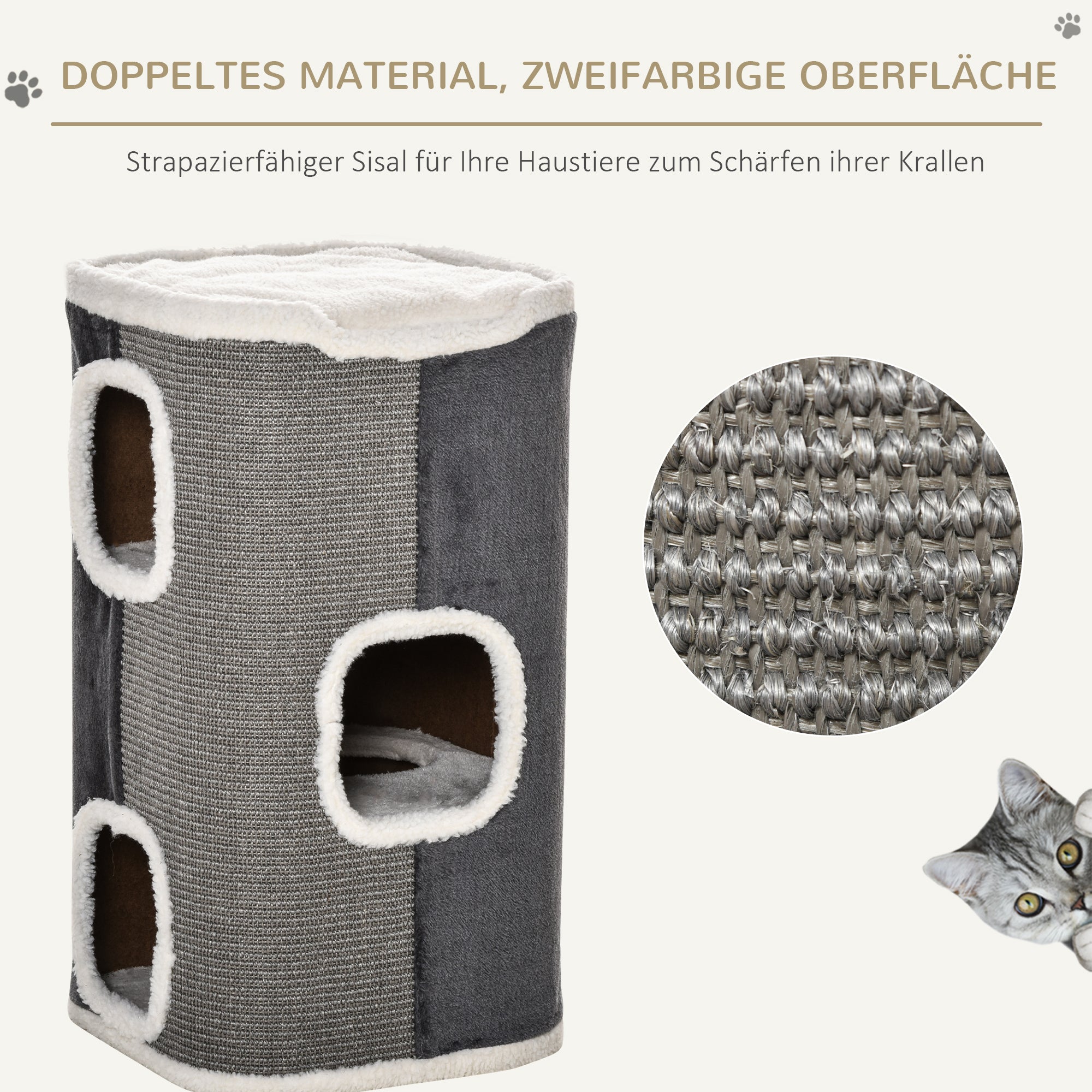Scratching Barrel 74 cm High three-story cat barrel with cushion, plush edge, cat cave, scratching tree for small cats, Gray+White