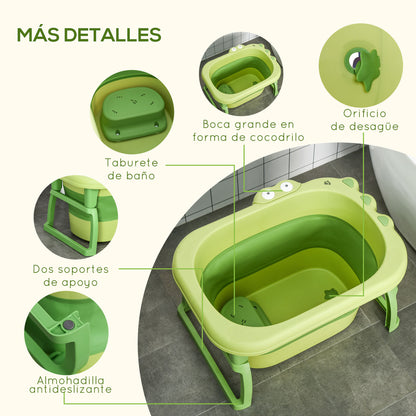 Foldable Baby Bath for 0-6 Years Capacity 105L 75.3x55.4x43 cm Portable Children's Bathtub with Non-Slip Legs and Drain Hole Load 50 kg Green