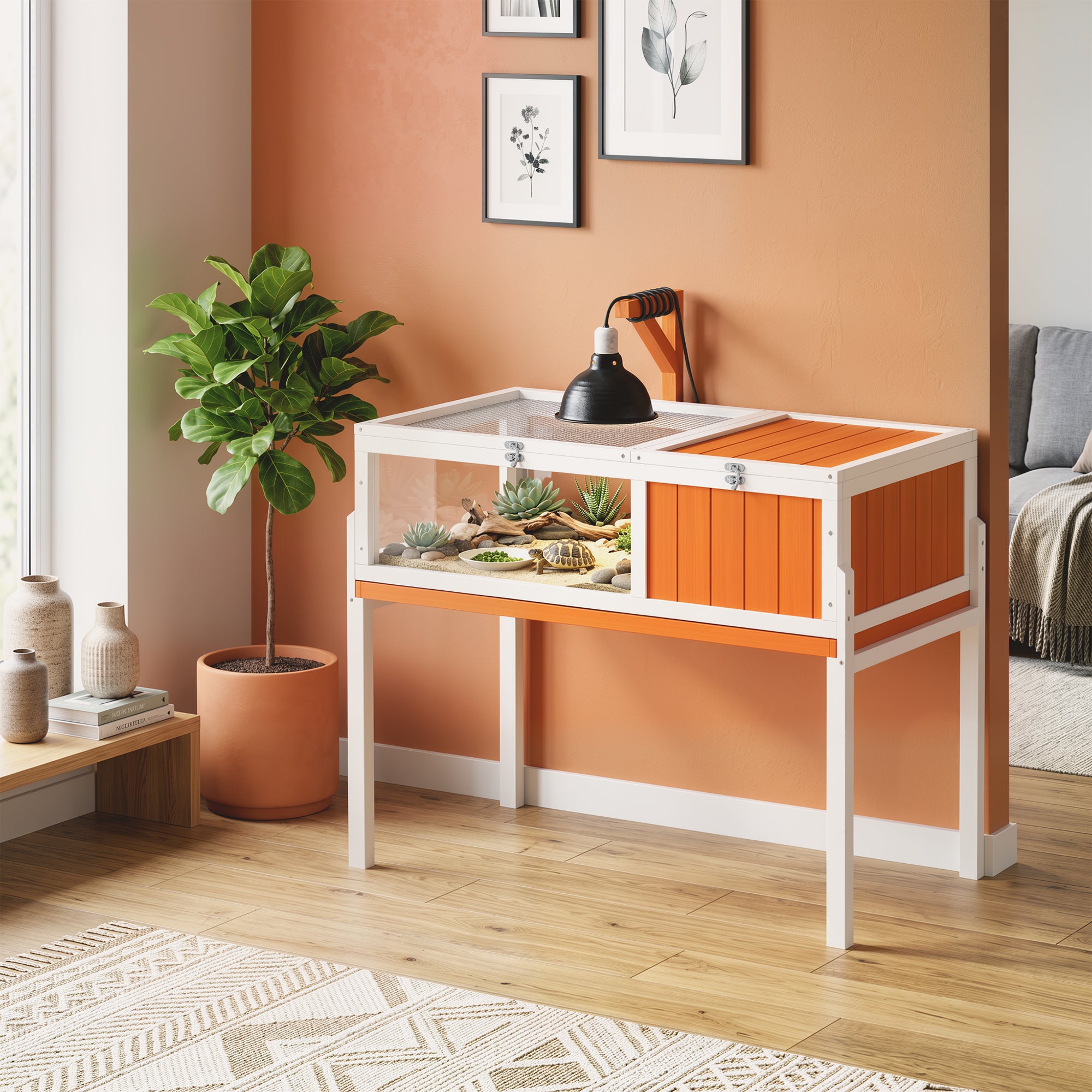Raised Wooden Turtle Hutch with Viewing Window, Flip-Top Lid, Lamp Holder & Food Bowl – Indoor/Outdoor Enclosure, White & Orange, 104 x 53 x 82 cm (40.9 x 20.9 x 32.3 in)