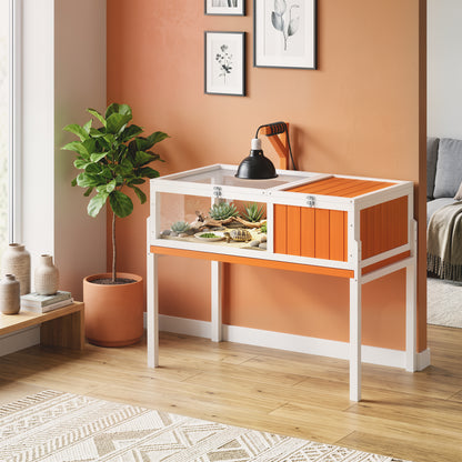 Raised Wooden Turtle Hutch with Viewing Window, Flip-Top Lid, Lamp Holder & Food Bowl – Indoor/Outdoor Enclosure, White & Orange, 104 x 53 x 82 cm (40.9 x 20.9 x 32.3 in)