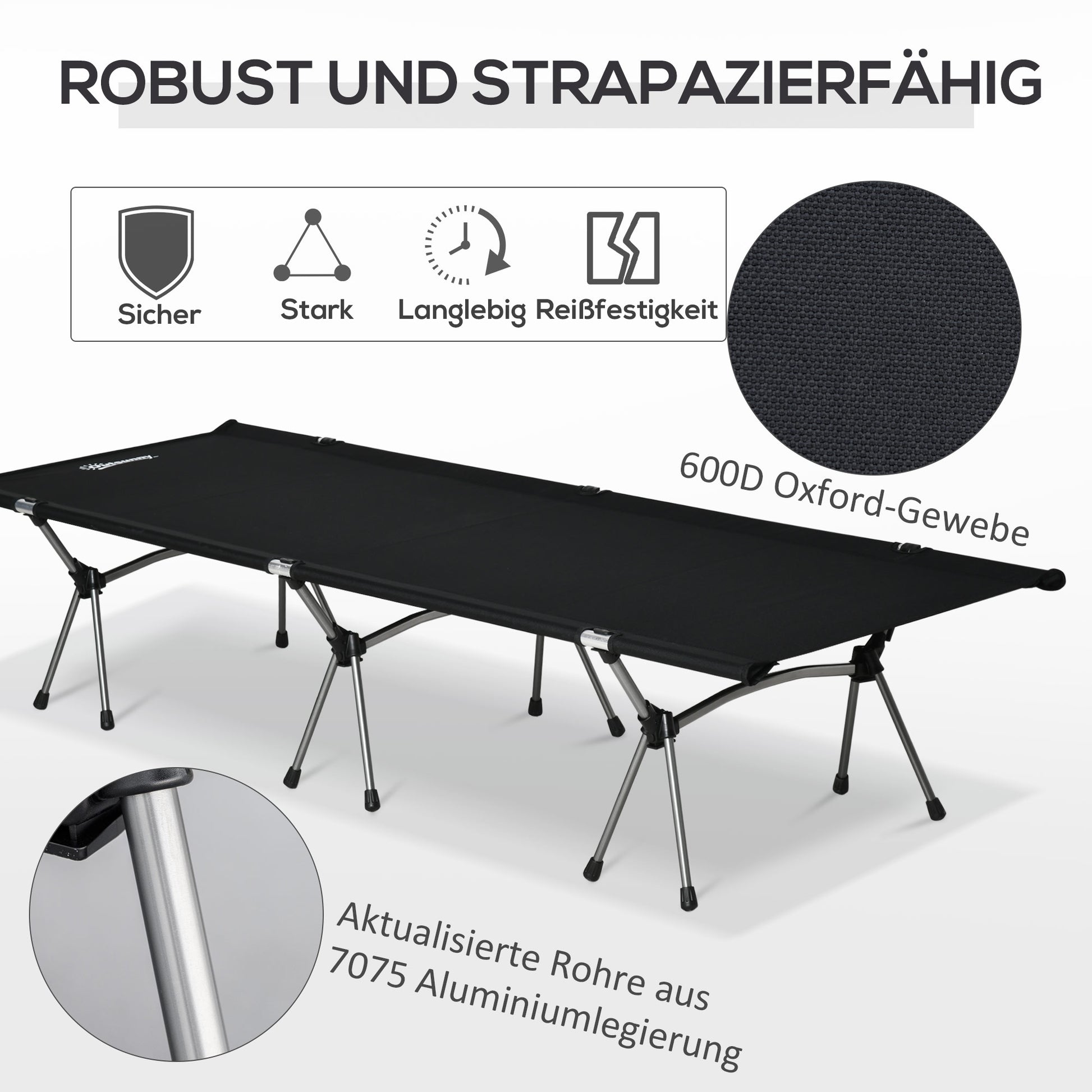 Camping Bed Foldable Aluminum Cot Portable Bed with Carry Bag Adjustable Height up to 150 kg Load Capacity Oxford Black 190 x 65 x 38 cm