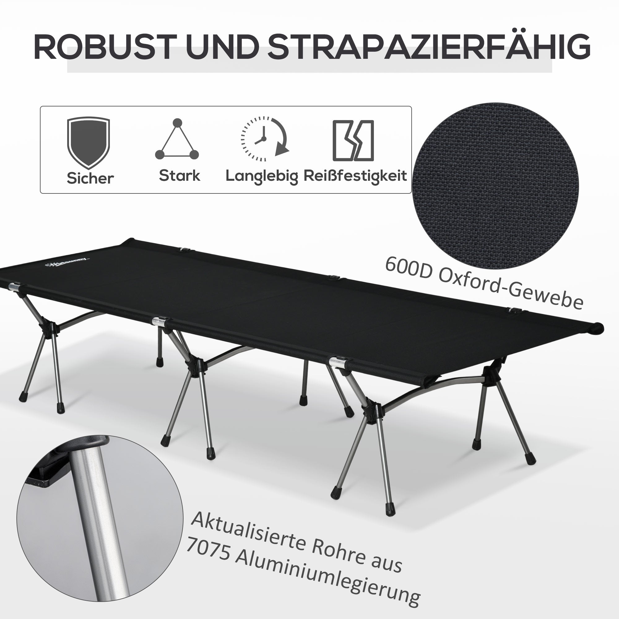 Camping Bed Foldable Aluminum Cot Portable Bed with Carry Bag Adjustable Height up to 150 kg Load Capacity Oxford Black 190 x 65 x 38 cm