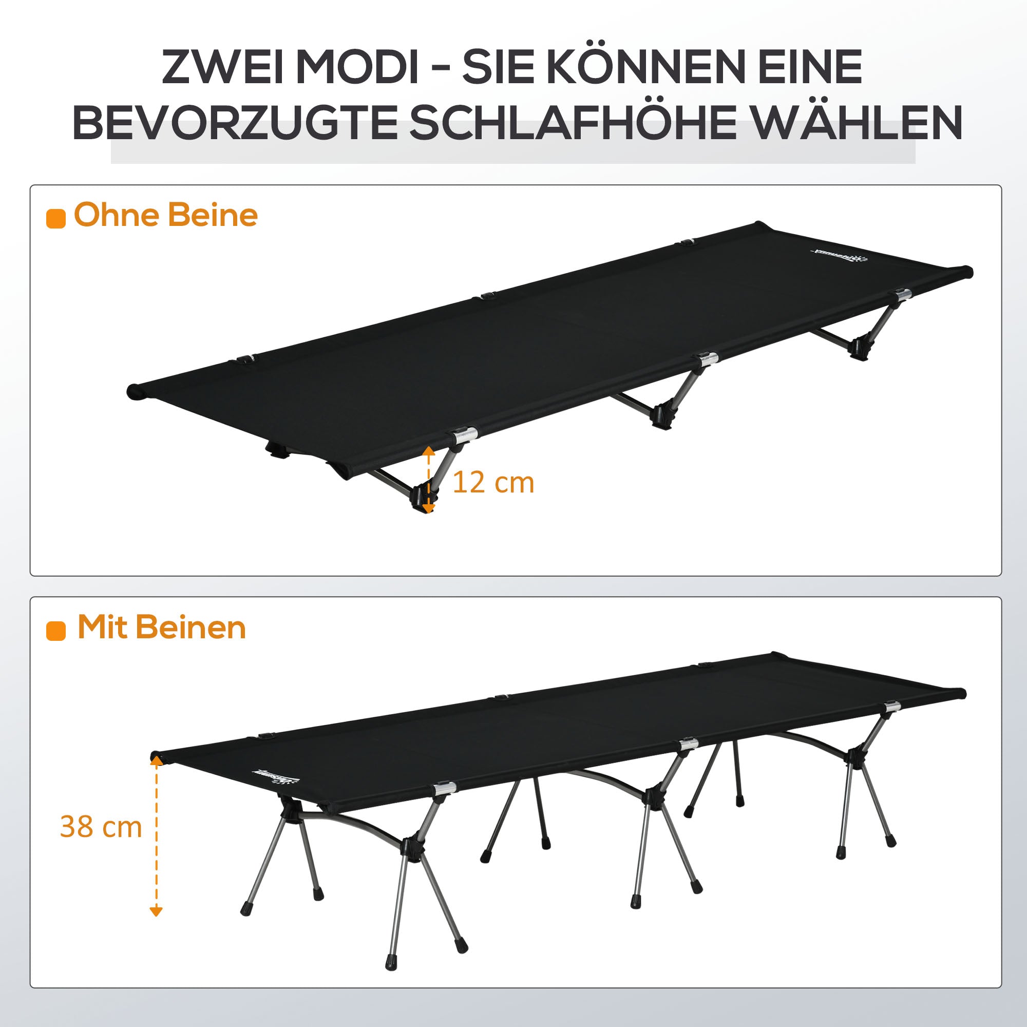Camping Bed Foldable Aluminum Cot Portable Bed with Carry Bag Adjustable Height up to 150 kg Load Capacity Oxford Black 190 x 65 x 38 cm
