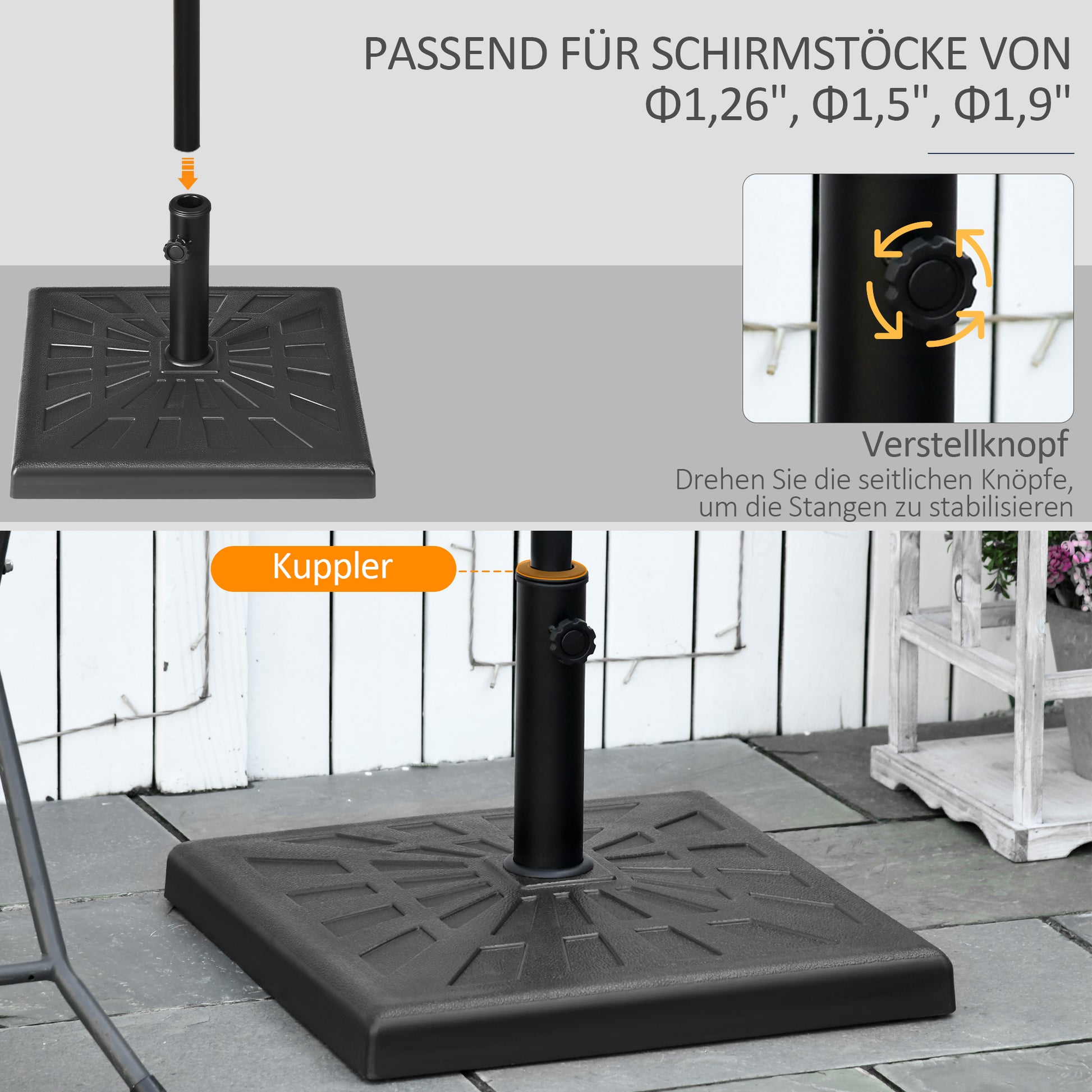 Umbrella Stand 19 kg Square Umbrella Holder, Umbrella Weight, Stand for Umbrella 32/38/48mm Pole Diameter, for Balcony, Terrace, Garden, Black