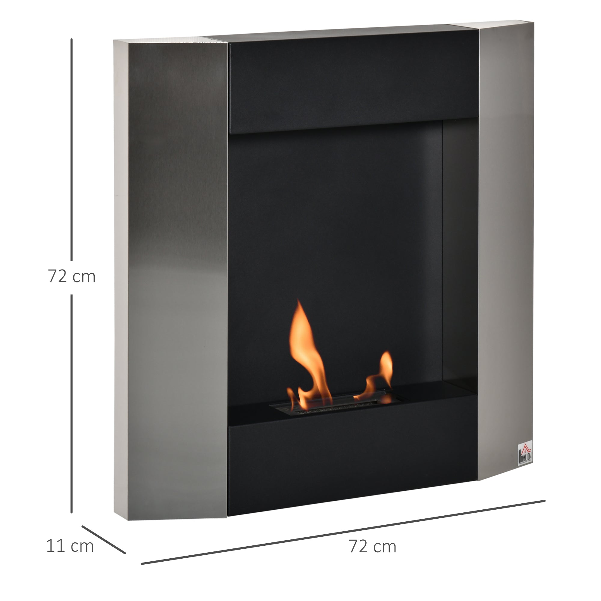 Wall-Mounted Bioethanol Fireplace with 0.7L Tank and Cover 20m², Steel, 72x11x72cm, Silver and Black