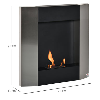 Wall-Mounted Bioethanol Fireplace with 0.7L Tank and Cover 20m², Steel, 72x11x72cm, Silver and Black
