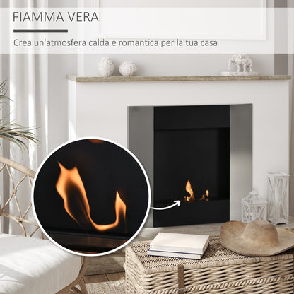 Wall-Mounted Bioethanol Fireplace with 0.7L Tank and Cover 20m², Steel, 72x11x72cm, Silver and Black