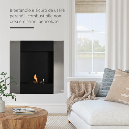 Wall-Mounted Bioethanol Fireplace with 0.7L Tank and Cover 20m², Steel, 72x11x72cm, Silver and Black