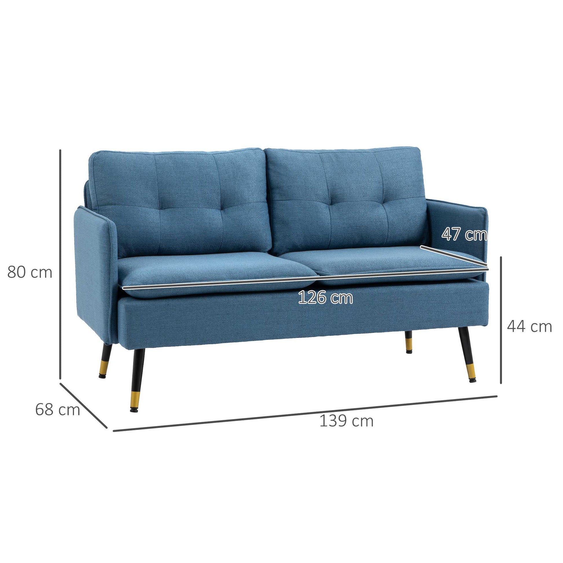 2-Seater Sofa Upholstered in Linen with Cushions, Armrests, and Steel Legs for Bedroom Office Load 240 kg 139x68x80 cm Blue