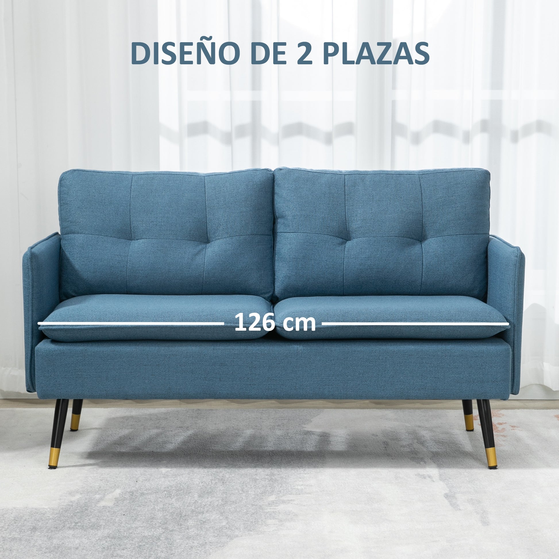 2-Seater Sofa Upholstered in Linen with Cushions, Armrests, and Steel Legs for Bedroom Office Load 240 kg 139x68x80 cm Blue