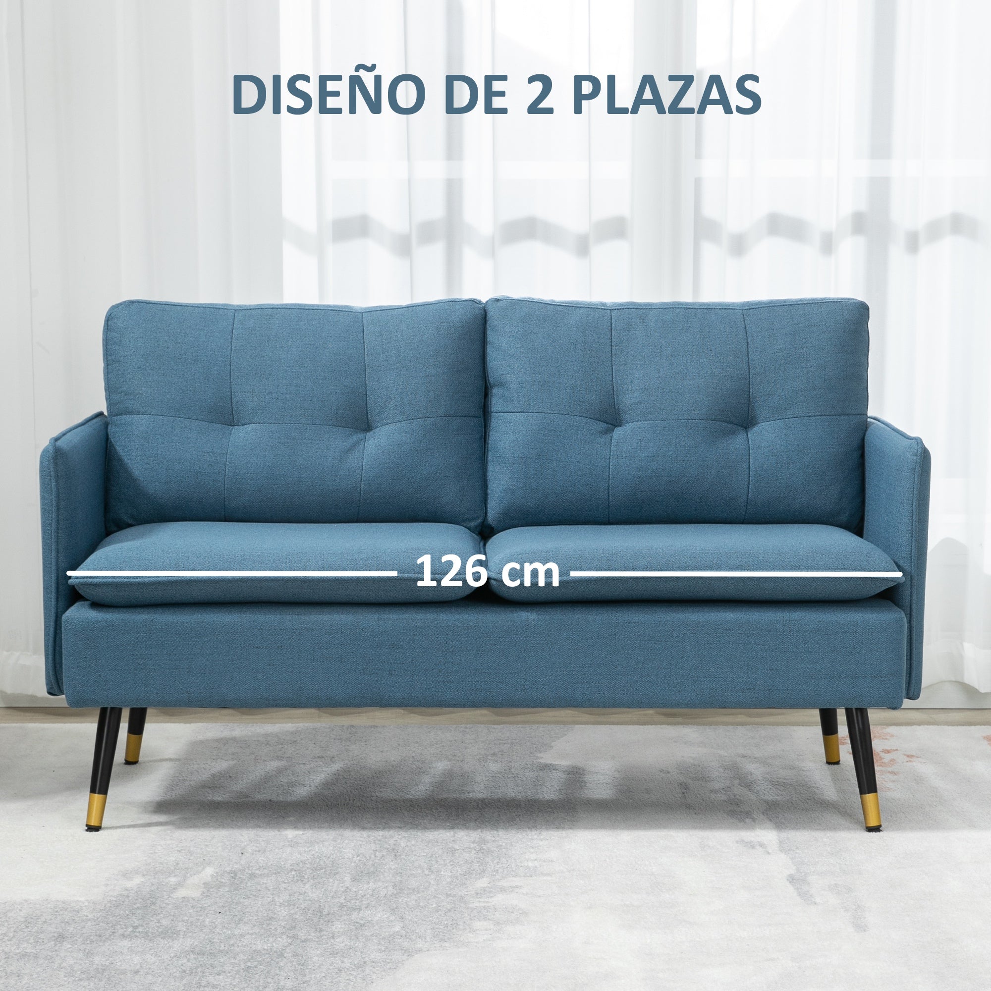 2-Seater Sofa Upholstered in Linen with Cushions, Armrests, and Steel Legs for Bedroom Office Load 240 kg 139x68x80 cm Blue