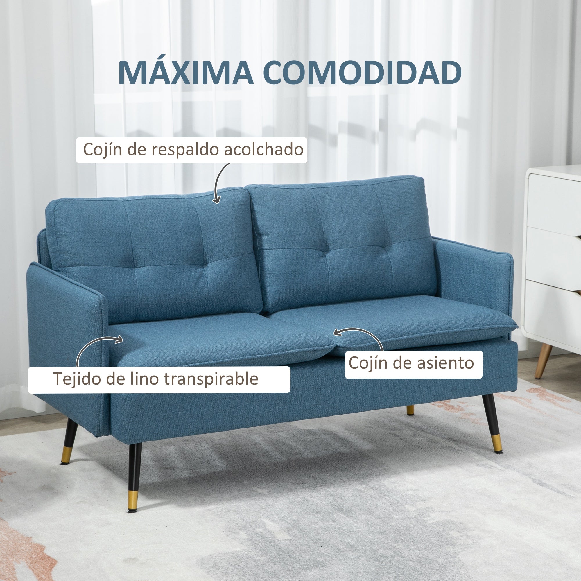 2-Seater Sofa Upholstered in Linen with Cushions, Armrests, and Steel Legs for Bedroom Office Load 240 kg 139x68x80 cm Blue