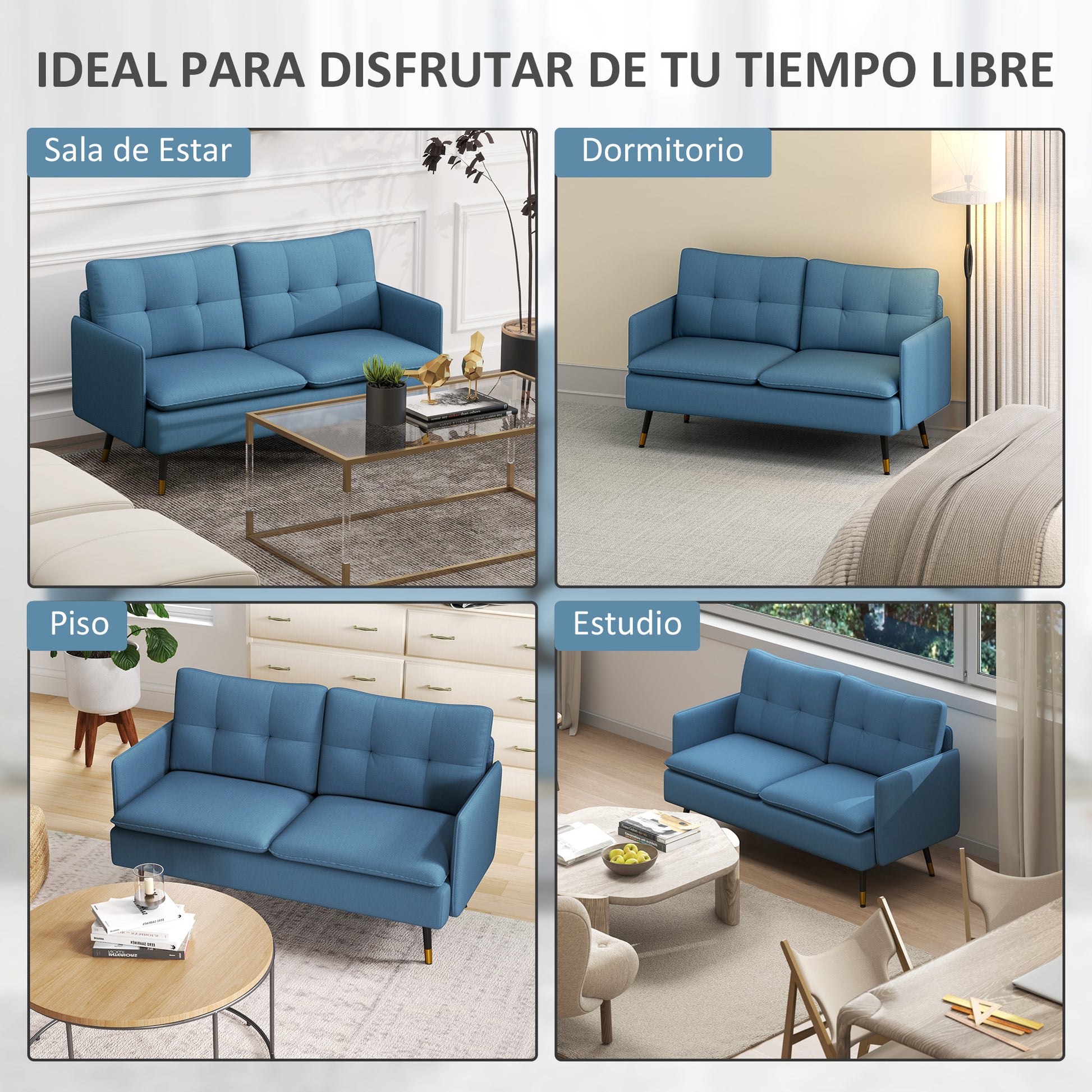 2-Seater Sofa Upholstered in Linen with Cushions, Armrests, and Steel Legs for Bedroom Office Load 240 kg 139x68x80 cm Blue