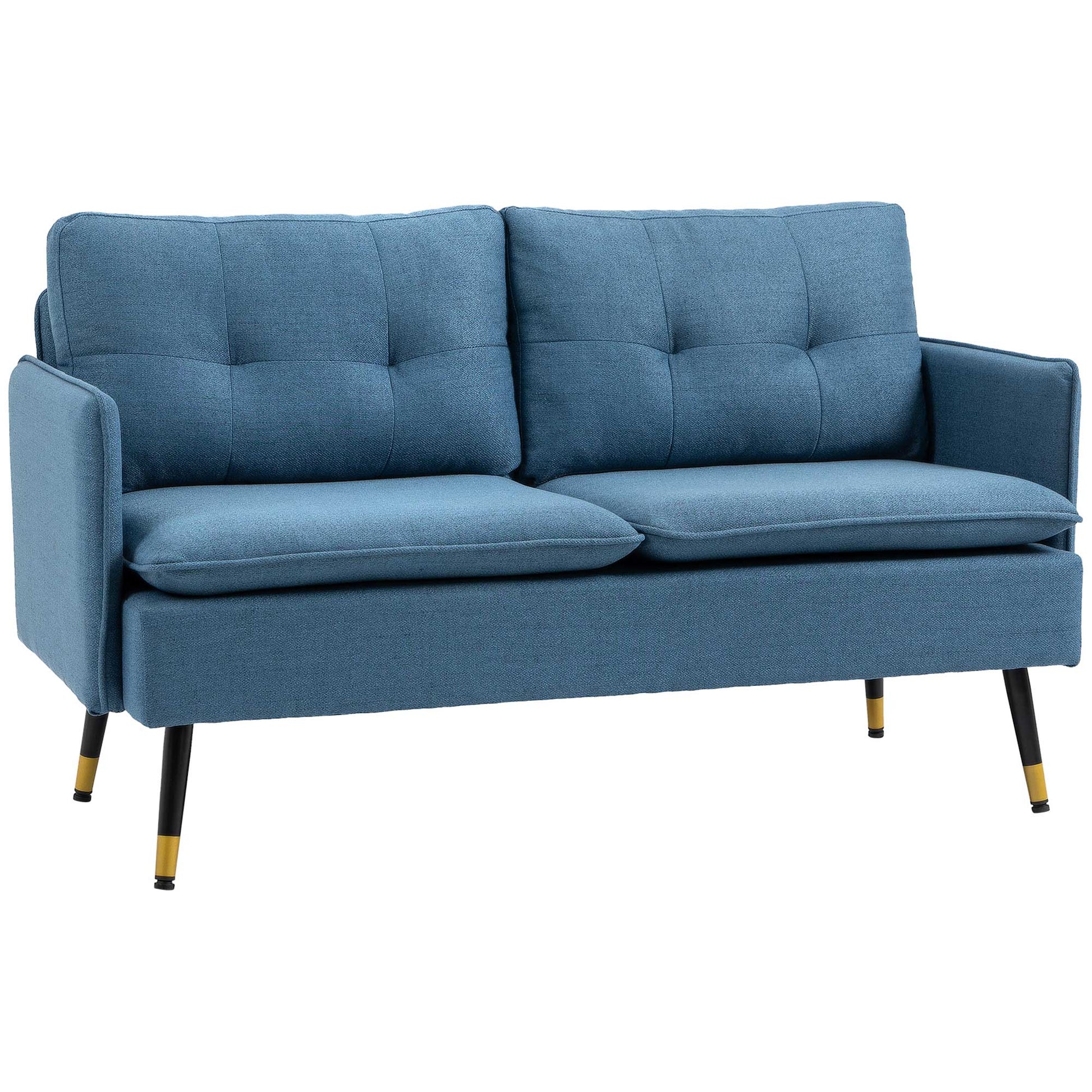 2-Seater Sofa Upholstered in Linen with Cushions, Armrests, and Steel Legs for Bedroom Office Load 240 kg 139x68x80 cm Blue