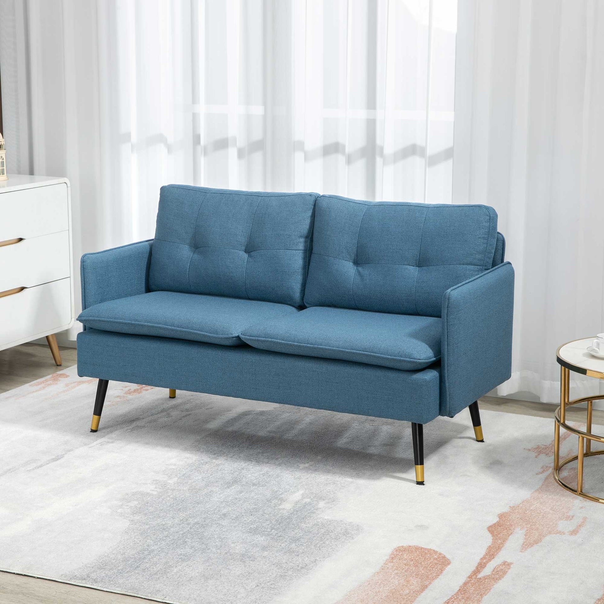 2-Seater Sofa Upholstered in Linen with Cushions, Armrests, and Steel Legs for Bedroom Office Load 240 kg 139x68x80 cm Blue