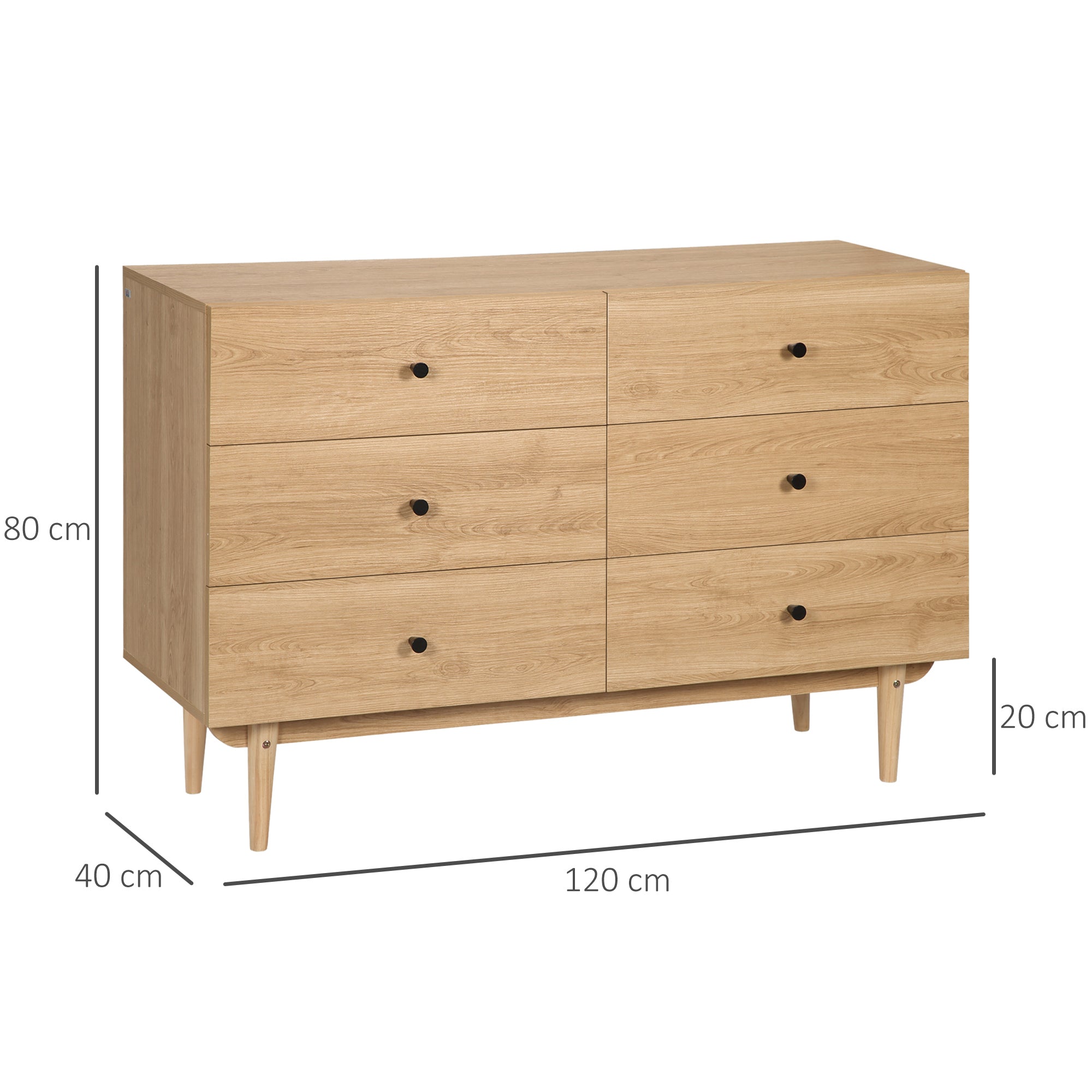 6-Drawer Dresser Storage Cabinet with Solid Wood Legs 120 x 40 x 80 cm Wood Color