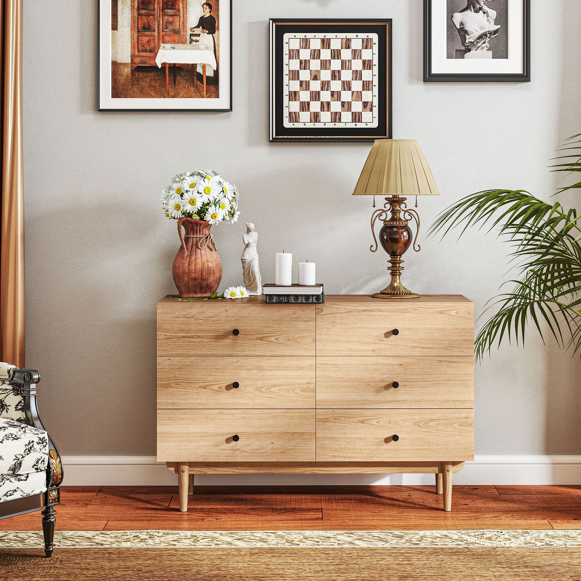 6-Drawer Dresser Storage Cabinet with Solid Wood Legs 120 x 40 x 80 cm Wood Color