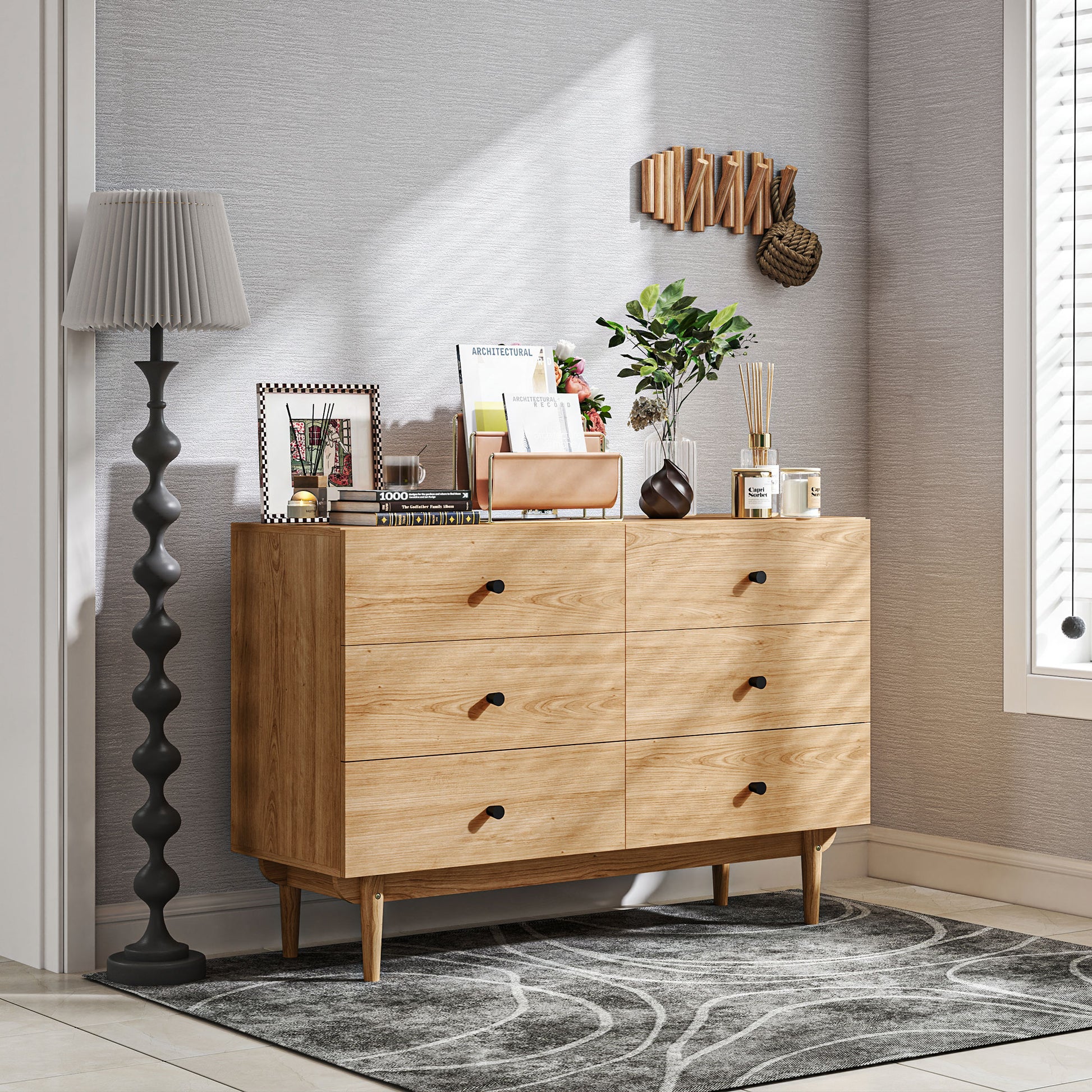 6-Drawer Dresser Storage Cabinet with Solid Wood Legs 120 x 40 x 80 cm Wood Color