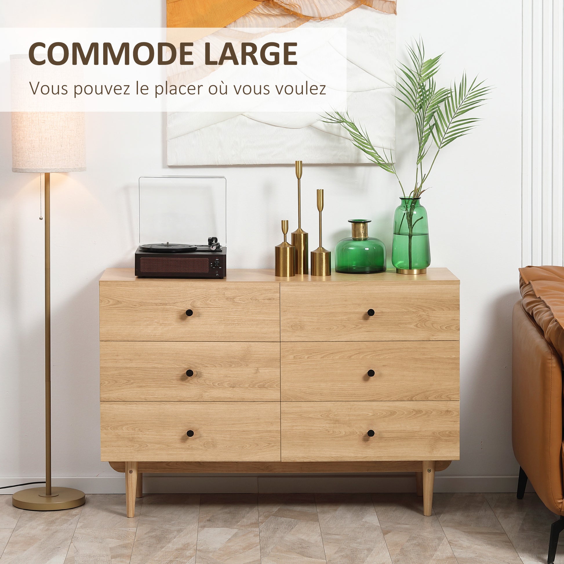 6-Drawer Dresser Storage Cabinet with Solid Wood Legs 120 x 40 x 80 cm Wood Color