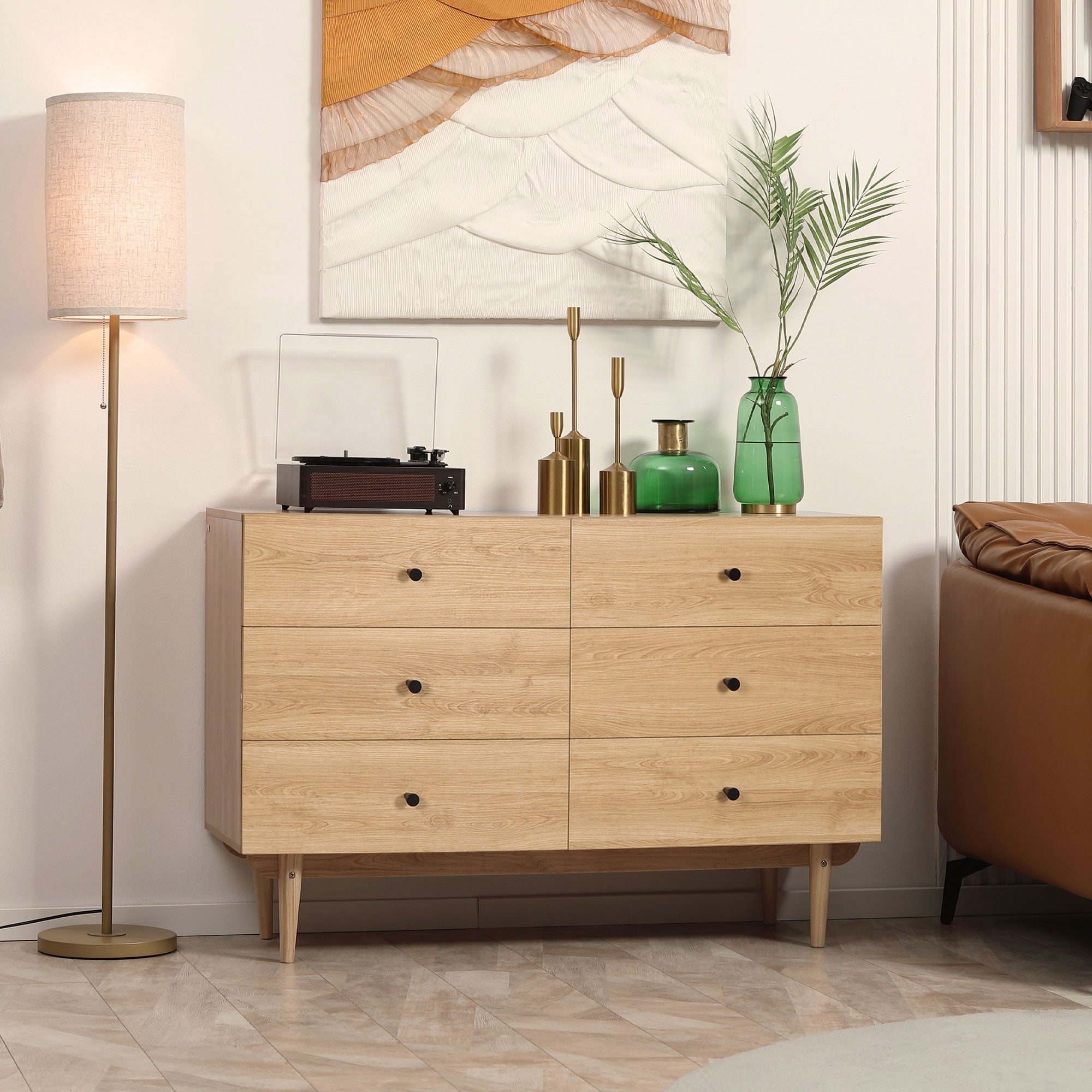 6-Drawer Dresser Storage Cabinet with Solid Wood Legs 120 x 40 x 80 cm Wood Color