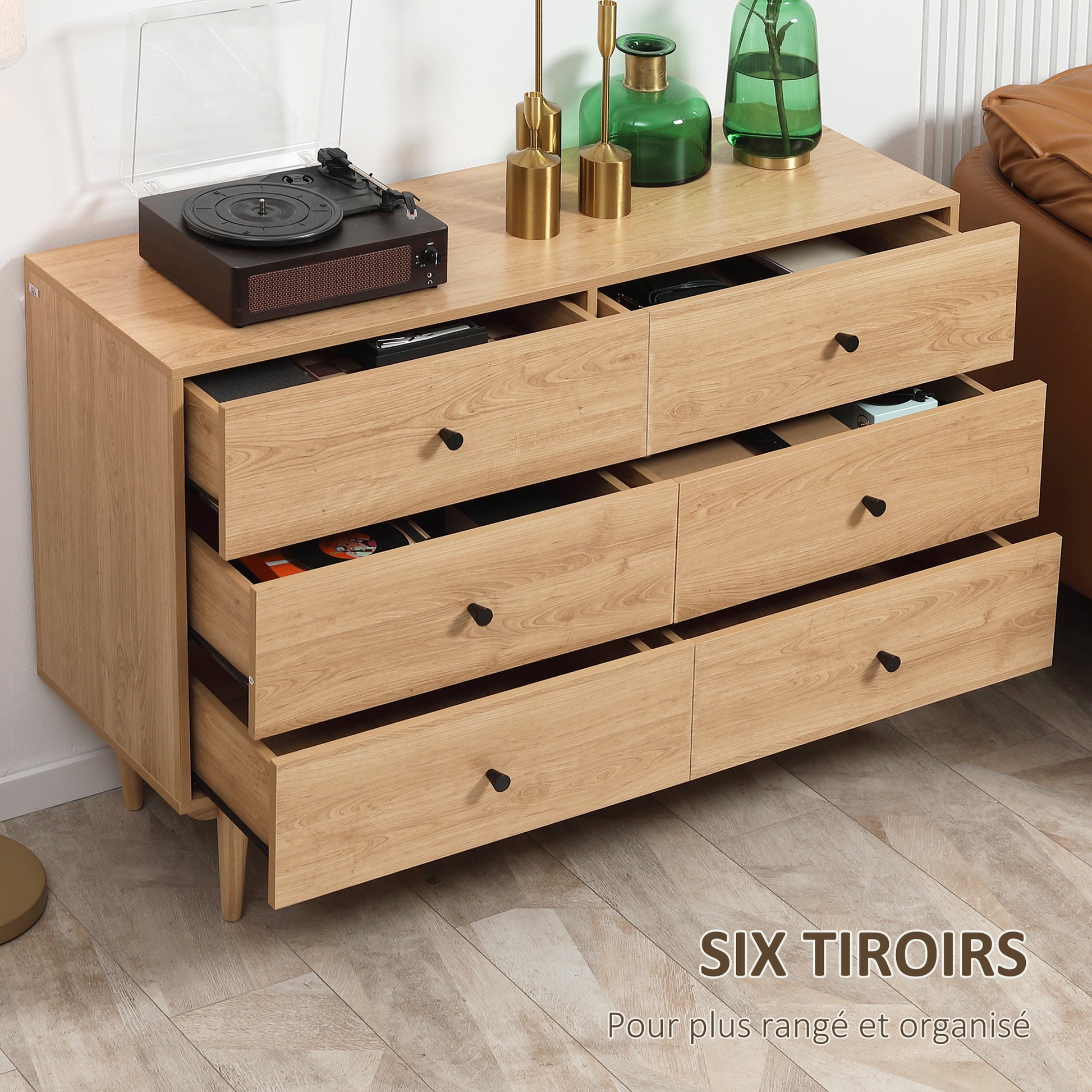 6-Drawer Dresser Storage Cabinet with Solid Wood Legs 120 x 40 x 80 cm Wood Color