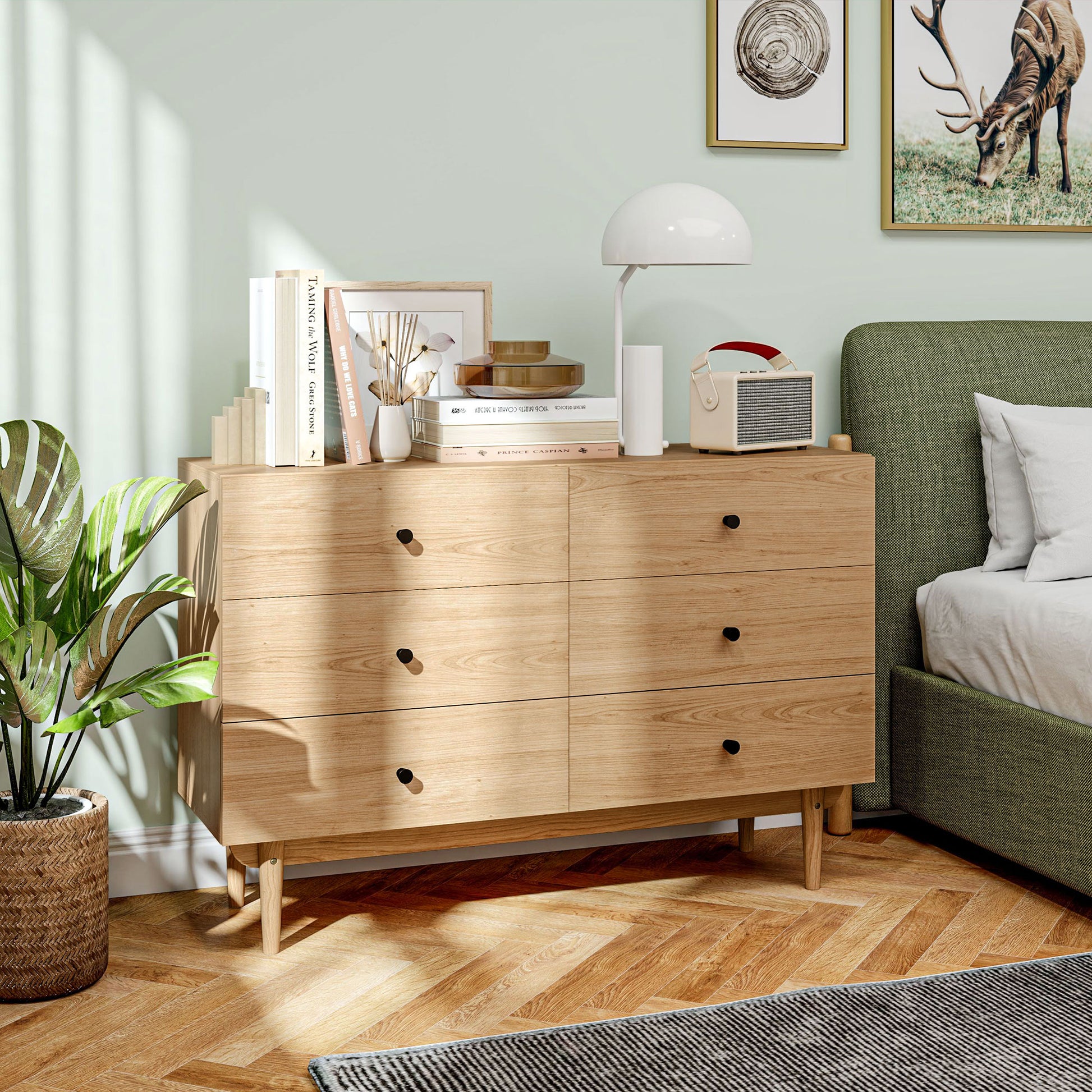6-Drawer Dresser Storage Cabinet with Solid Wood Legs 120 x 40 x 80 cm Wood Color