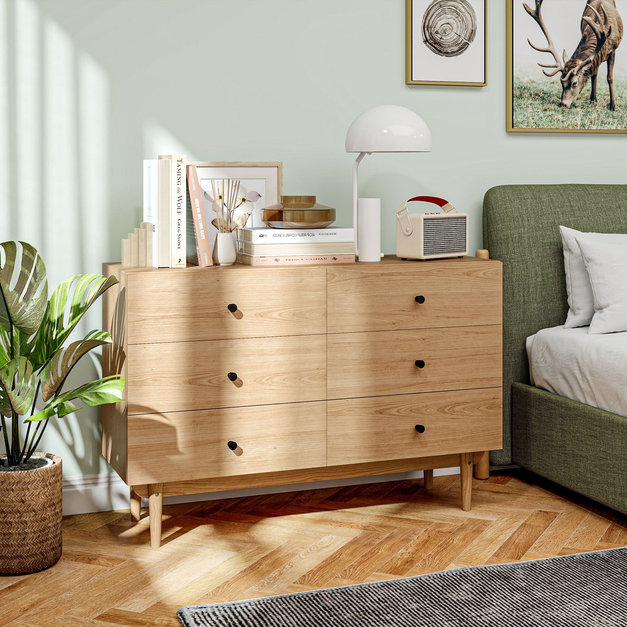 6-Drawer Dresser Storage Cabinet with Solid Wood Legs 120 x 40 x 80 cm Wood Color
