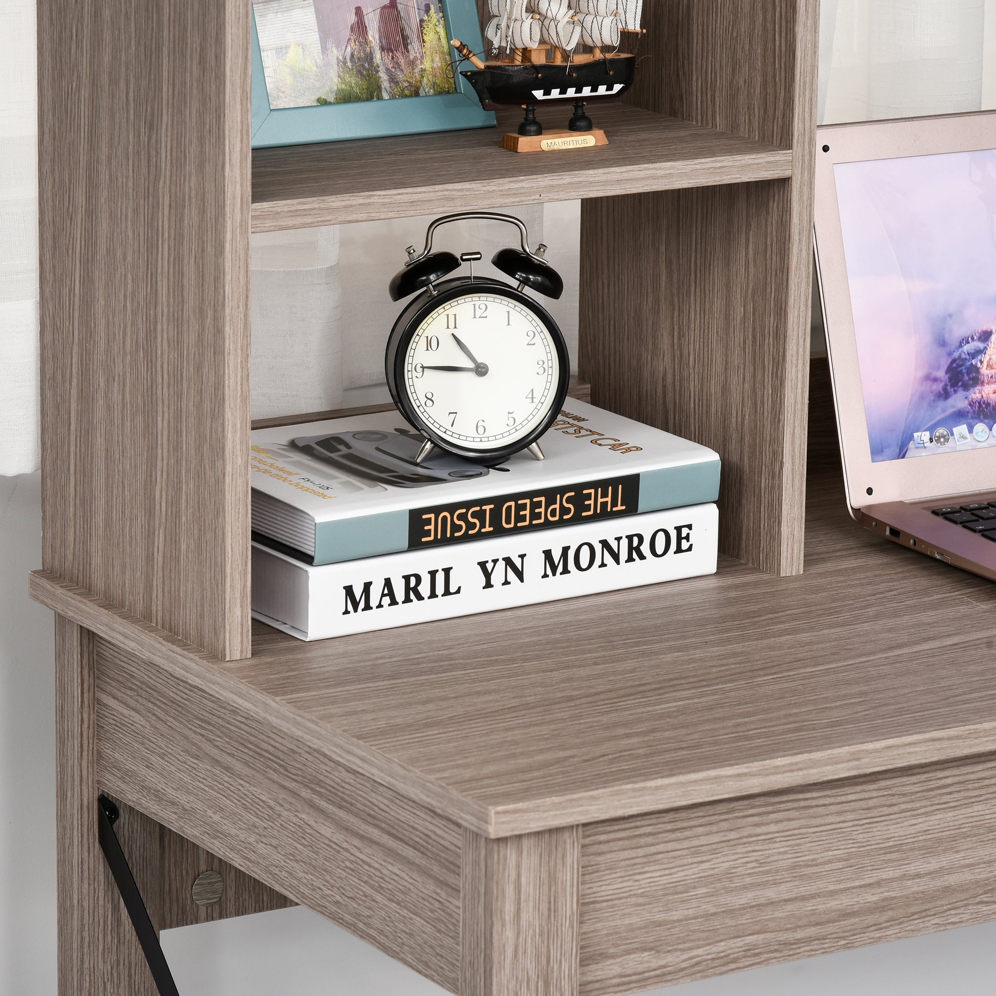 Desk with Storage Bookshelf Modern Wooden Desk with Shelves and Large Surface for Small Spaces Home Office Bedroom, 105 x 50 x 137.5 cm, Light Brown