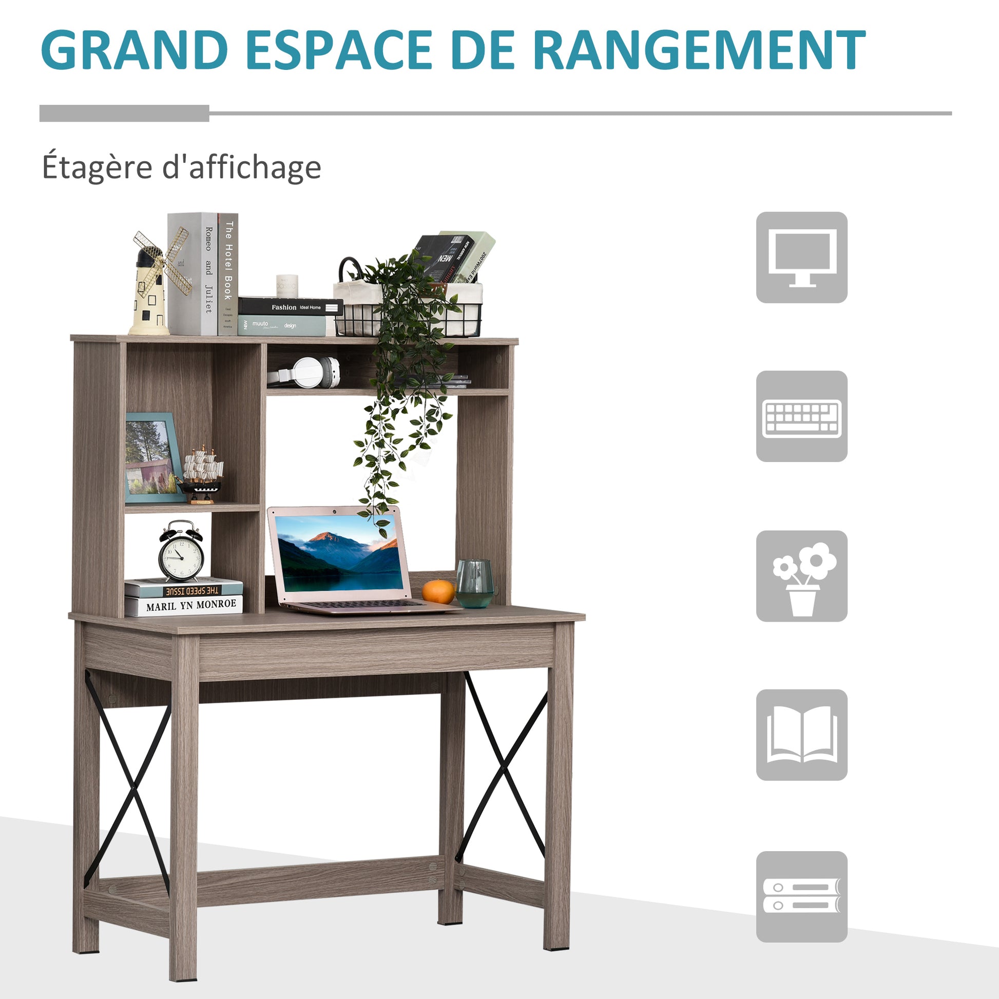 Desk with Storage Bookshelf Modern Wooden Desk with Shelves and Large Surface for Small Spaces Home Office Bedroom, 105 x 50 x 137.5 cm, Light Brown