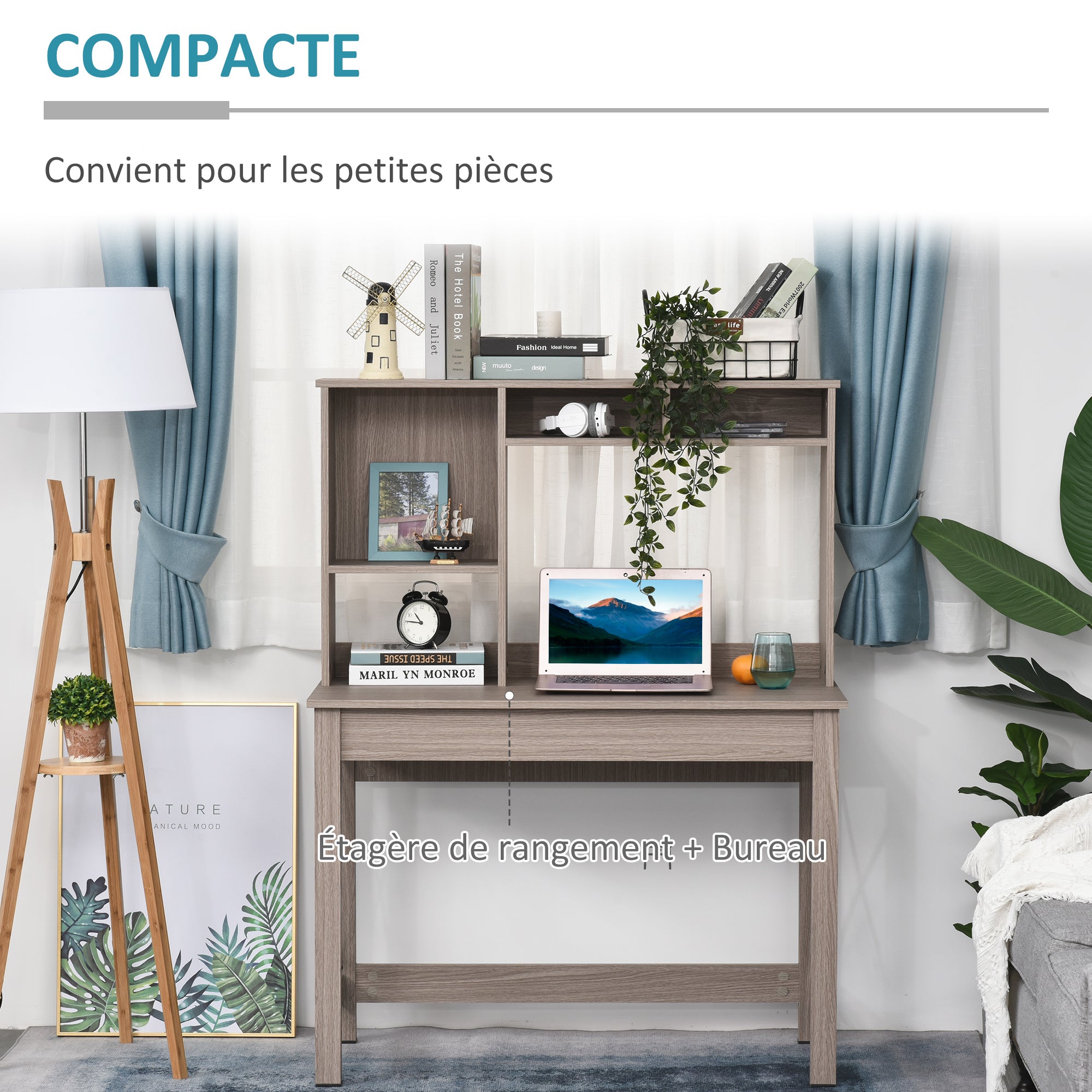 Desk with Storage Bookshelf Modern Wooden Desk with Shelves and Large Surface for Small Spaces Home Office Bedroom, 105 x 50 x 137.5 cm, Light Brown