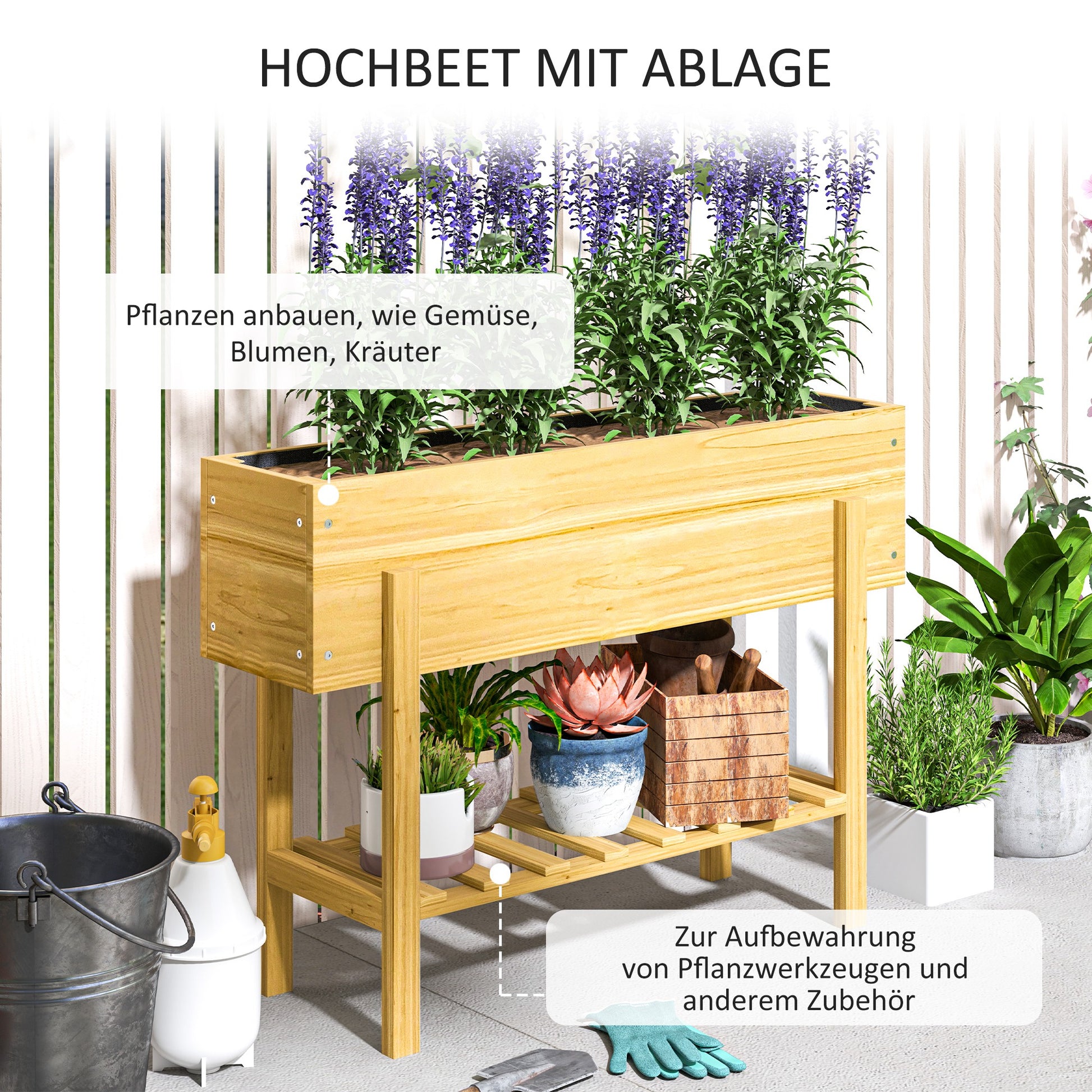 Raised Bed with Shelf, Elevated Herb Planter with Drainage Holes, Wooden Plant Box, Weather-resistant Vegetable Bed, Garden Bed, Planting Bed for Garden, Balcony, 100 x 30 x 70.5 cm Natural Wood