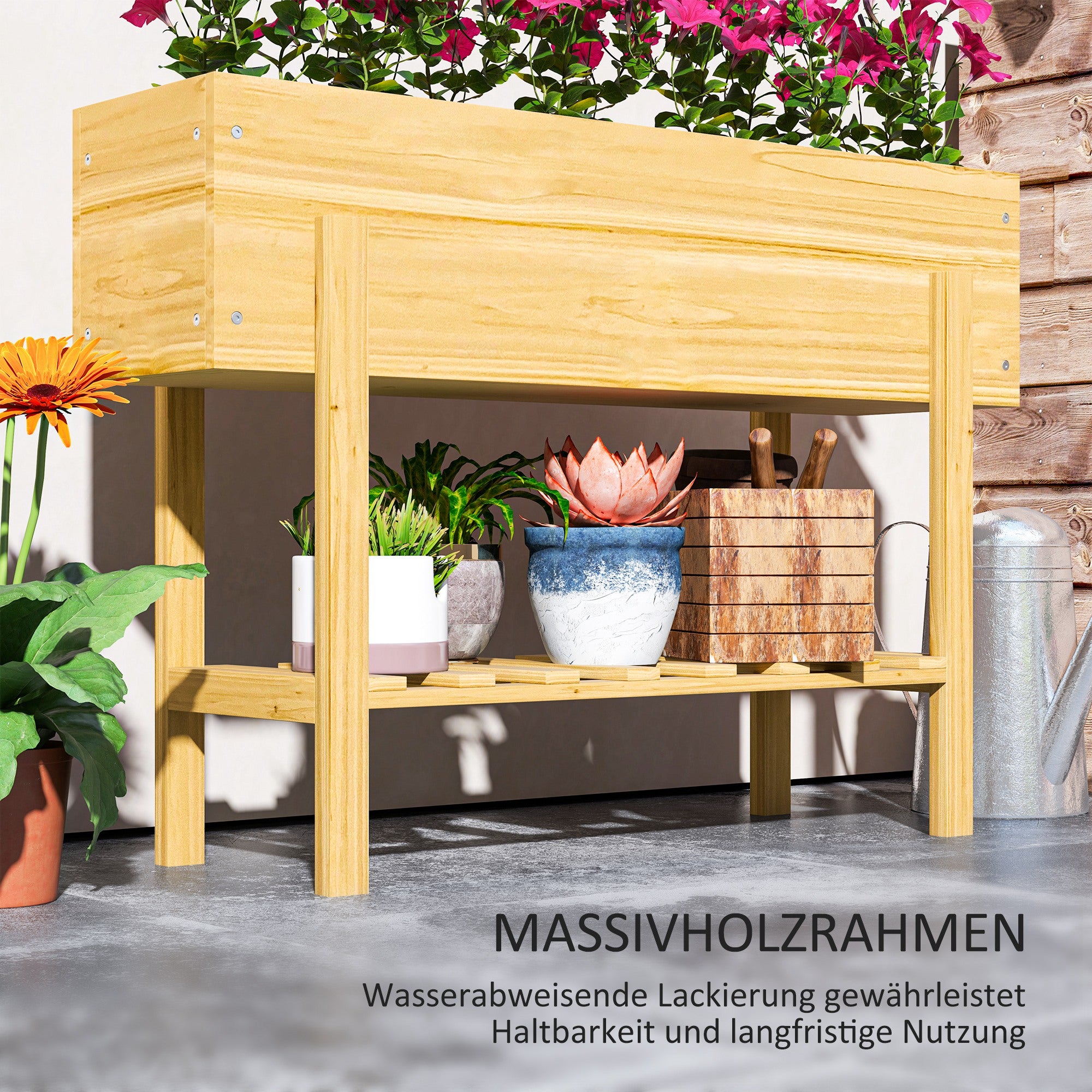 Raised Bed with Shelf, Elevated Herb Planter with Drainage Holes, Wooden Plant Box, Weather-resistant Vegetable Bed, Garden Bed, Planting Bed for Garden, Balcony, 100 x 30 x 70.5 cm Natural Wood