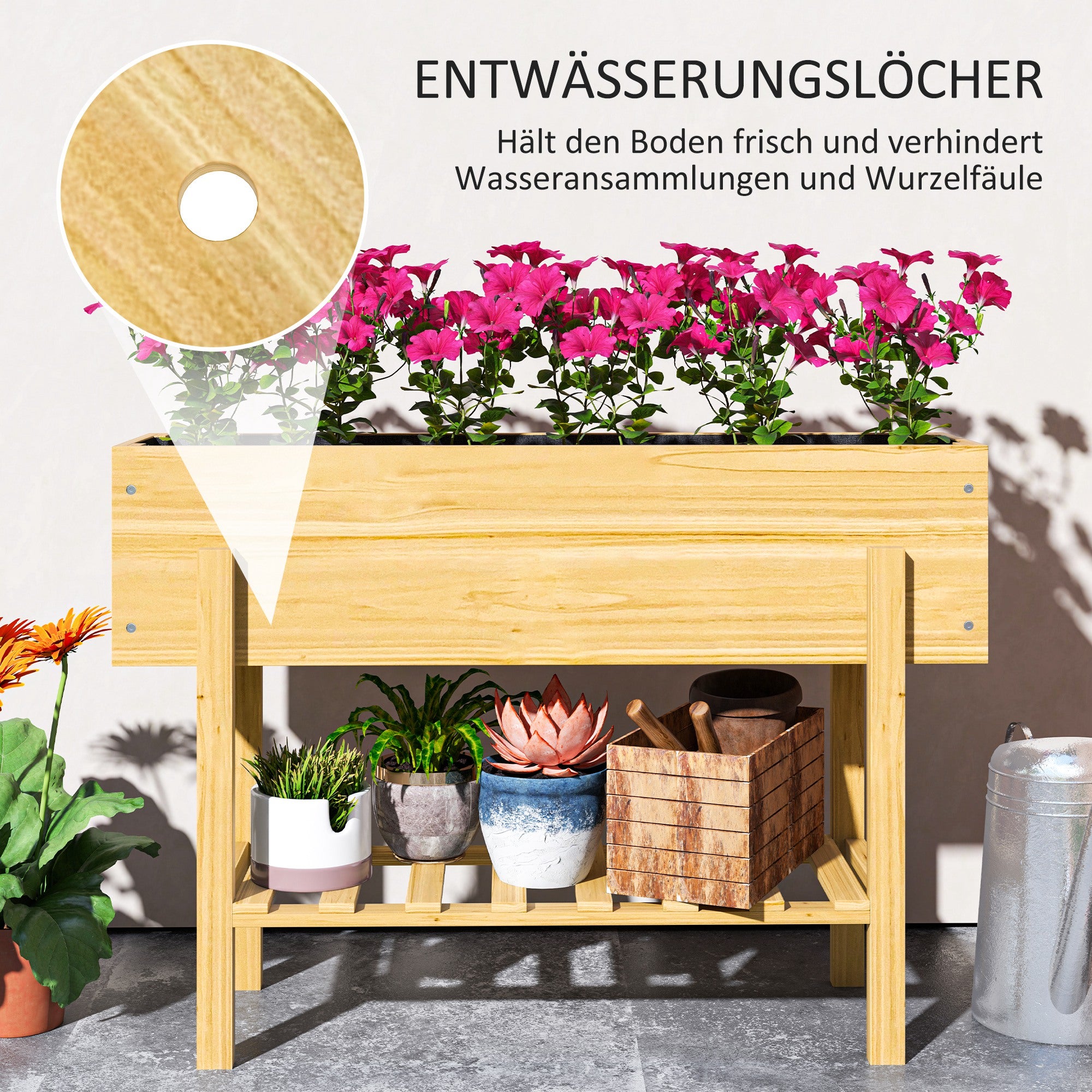 Raised Bed with Shelf, Elevated Herb Planter with Drainage Holes, Wooden Plant Box, Weather-resistant Vegetable Bed, Garden Bed, Planting Bed for Garden, Balcony, 100 x 30 x 70.5 cm Natural Wood