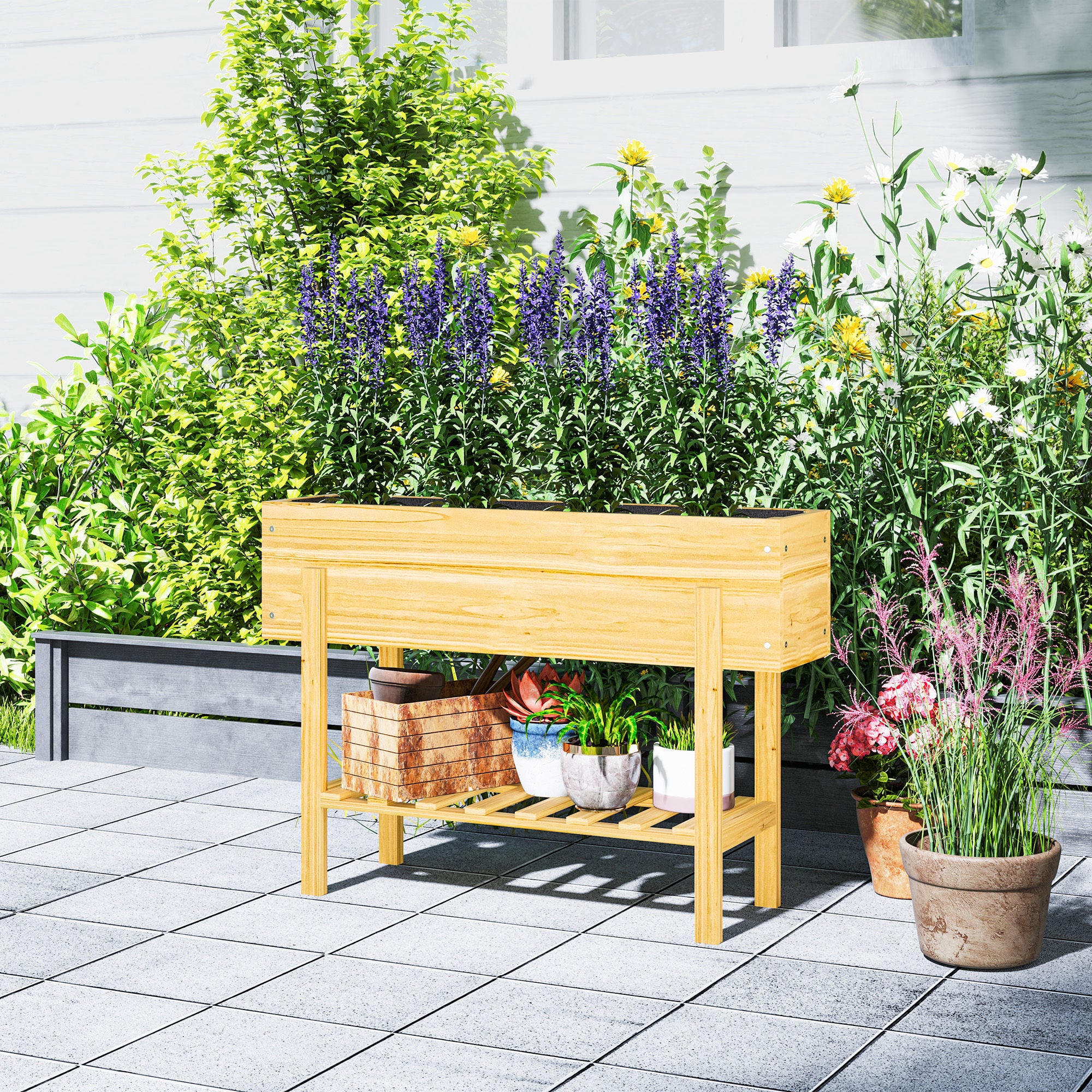 Raised Bed with Shelf, Elevated Herb Planter with Drainage Holes, Wooden Plant Box, Weather-resistant Vegetable Bed, Garden Bed, Planting Bed for Garden, Balcony, 100 x 30 x 70.5 cm Natural Wood