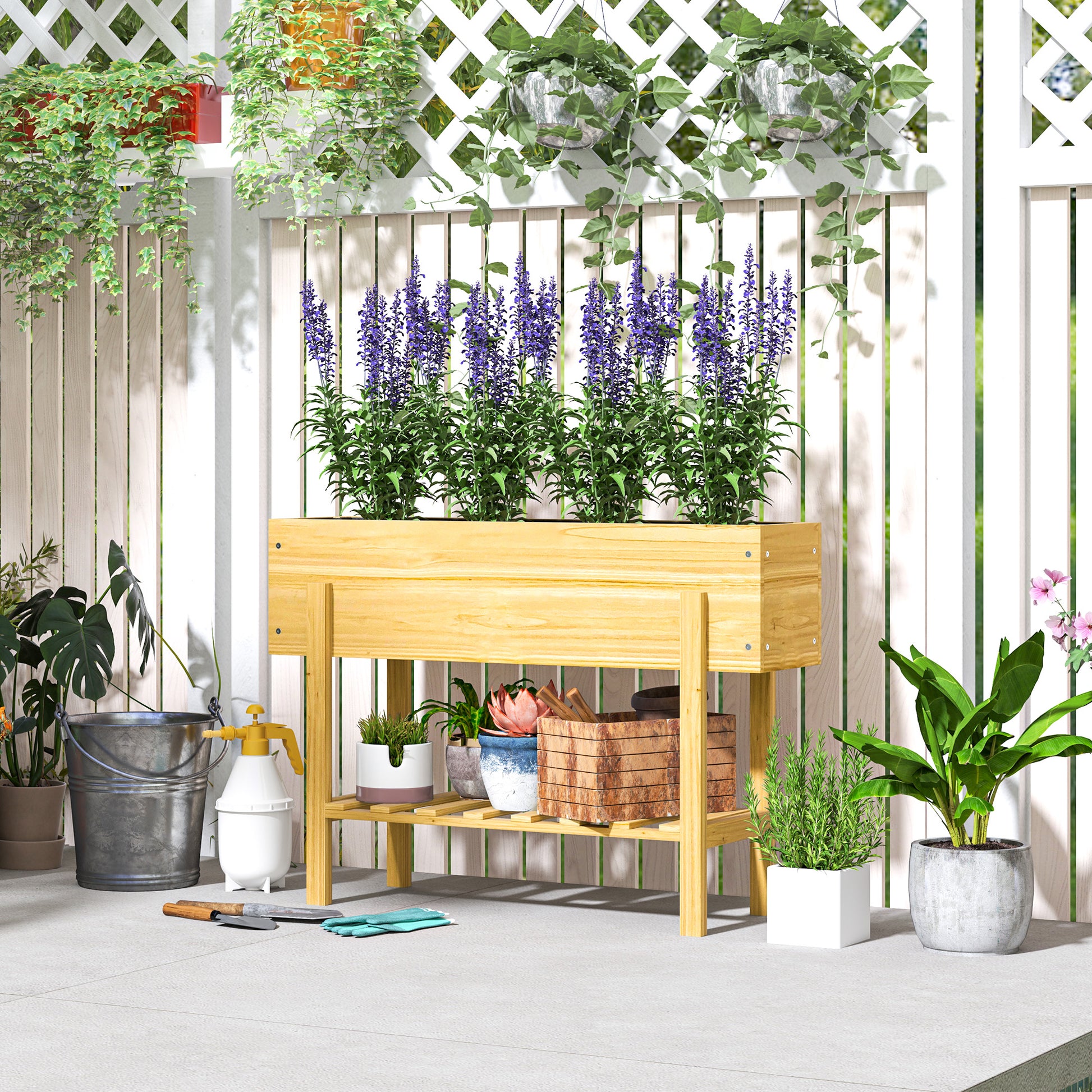 Raised Bed with Shelf, Elevated Herb Planter with Drainage Holes, Wooden Plant Box, Weather-resistant Vegetable Bed, Garden Bed, Planting Bed for Garden, Balcony, 100 x 30 x 70.5 cm Natural Wood