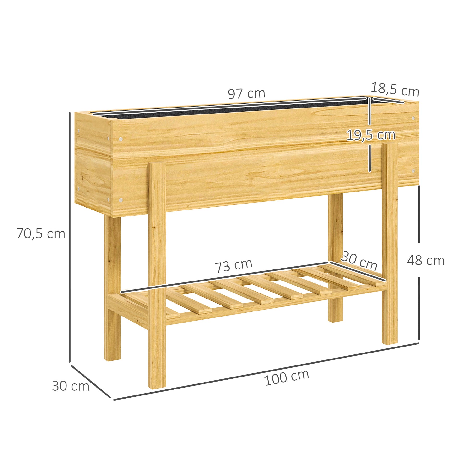 Raised Bed with Shelf, Elevated Herb Planter with Drainage Holes, Wooden Plant Box, Weather-resistant Vegetable Bed, Garden Bed, Planting Bed for Garden, Balcony, 100 x 30 x 70.5 cm Natural Wood