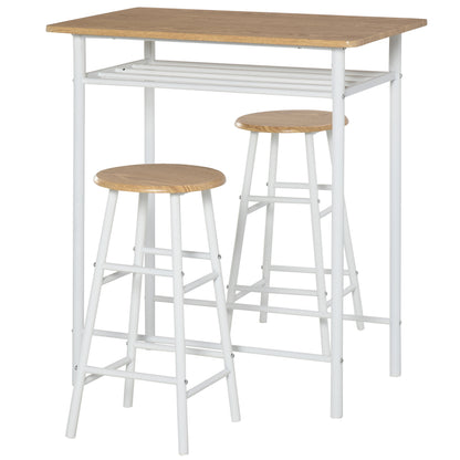 Bar Table Set Bar Table with 2 Bar Stools Dining Set Kitchen Table with Storage Shelf Dining Table for Dining Room, Kitchen, White