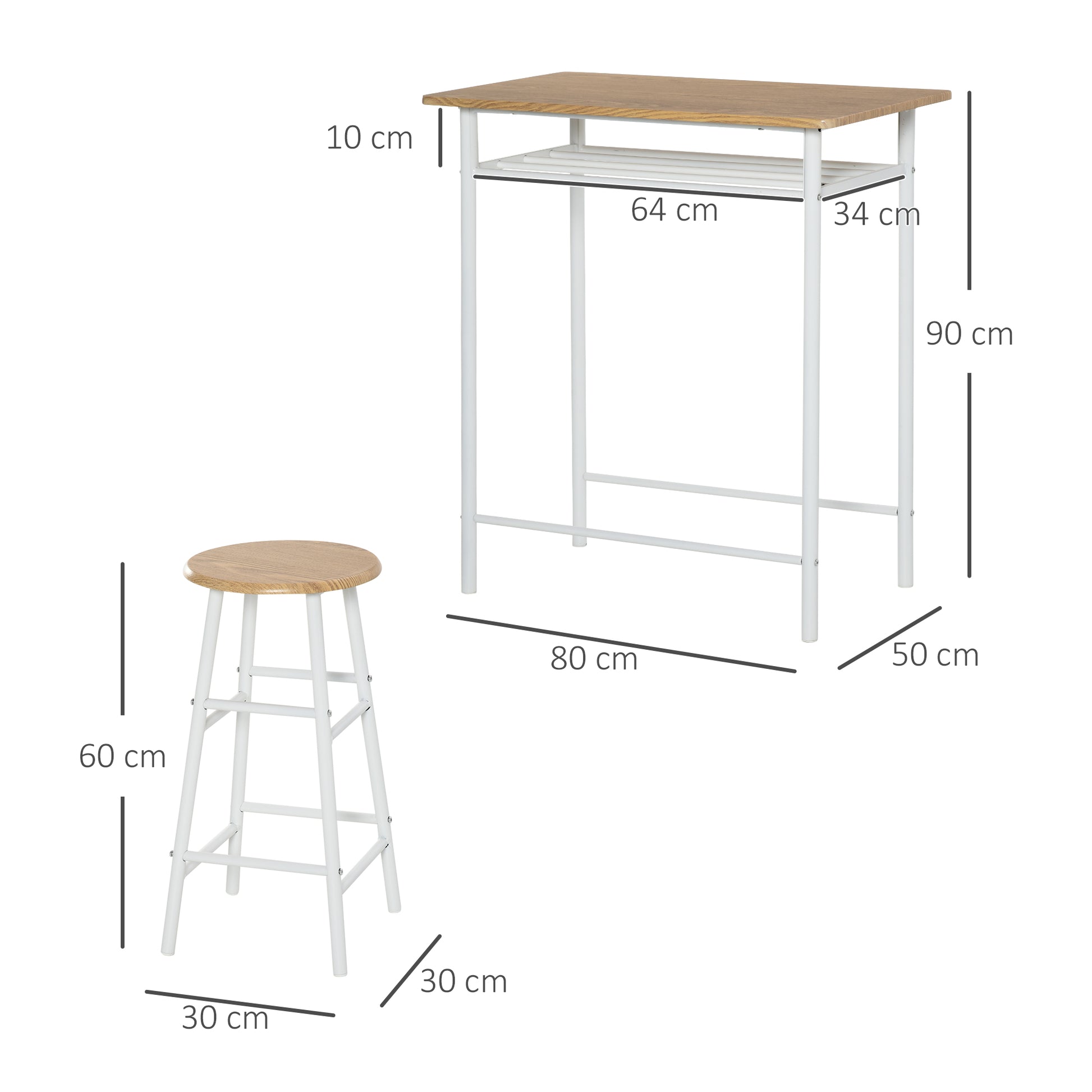 Bar Table Set Bar Table with 2 Bar Stools Dining Set Kitchen Table with Storage Shelf Dining Table for Dining Room, Kitchen, White