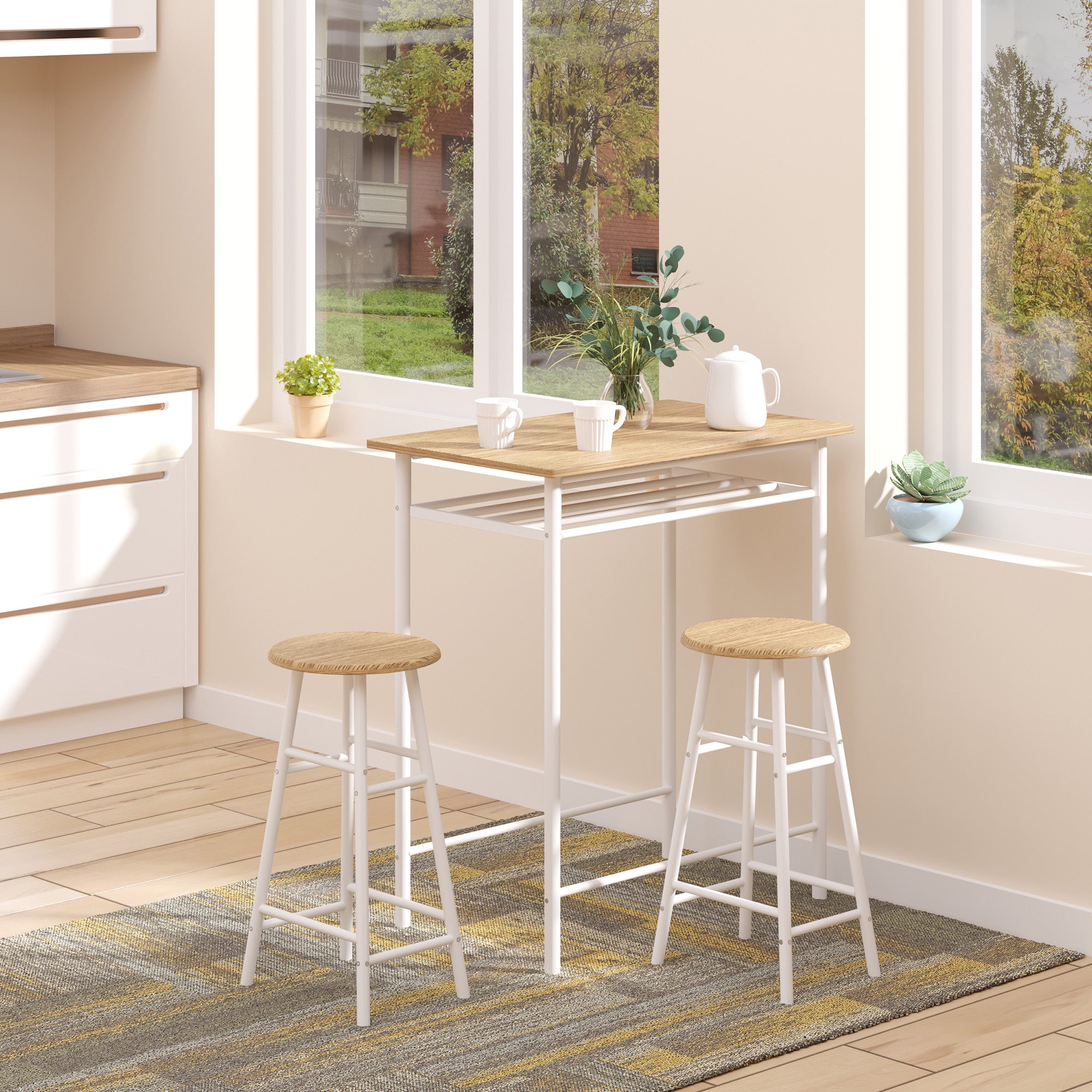 Bar Table Set Bar Table with 2 Bar Stools Dining Set Kitchen Table with Storage Shelf Dining Table for Dining Room, Kitchen, White