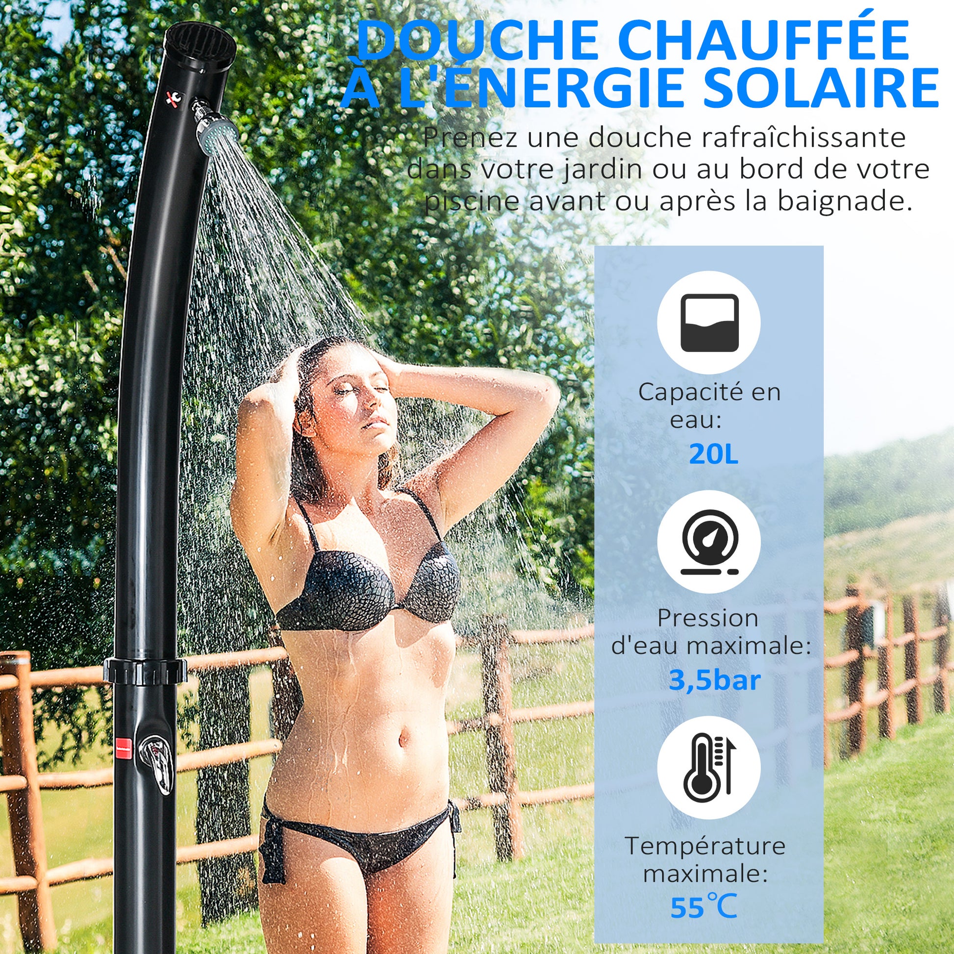 Outdoor Solar Shower, 20 liters garden solar shower, adjustable water temperature up to 60℃, for camping pool beach, black