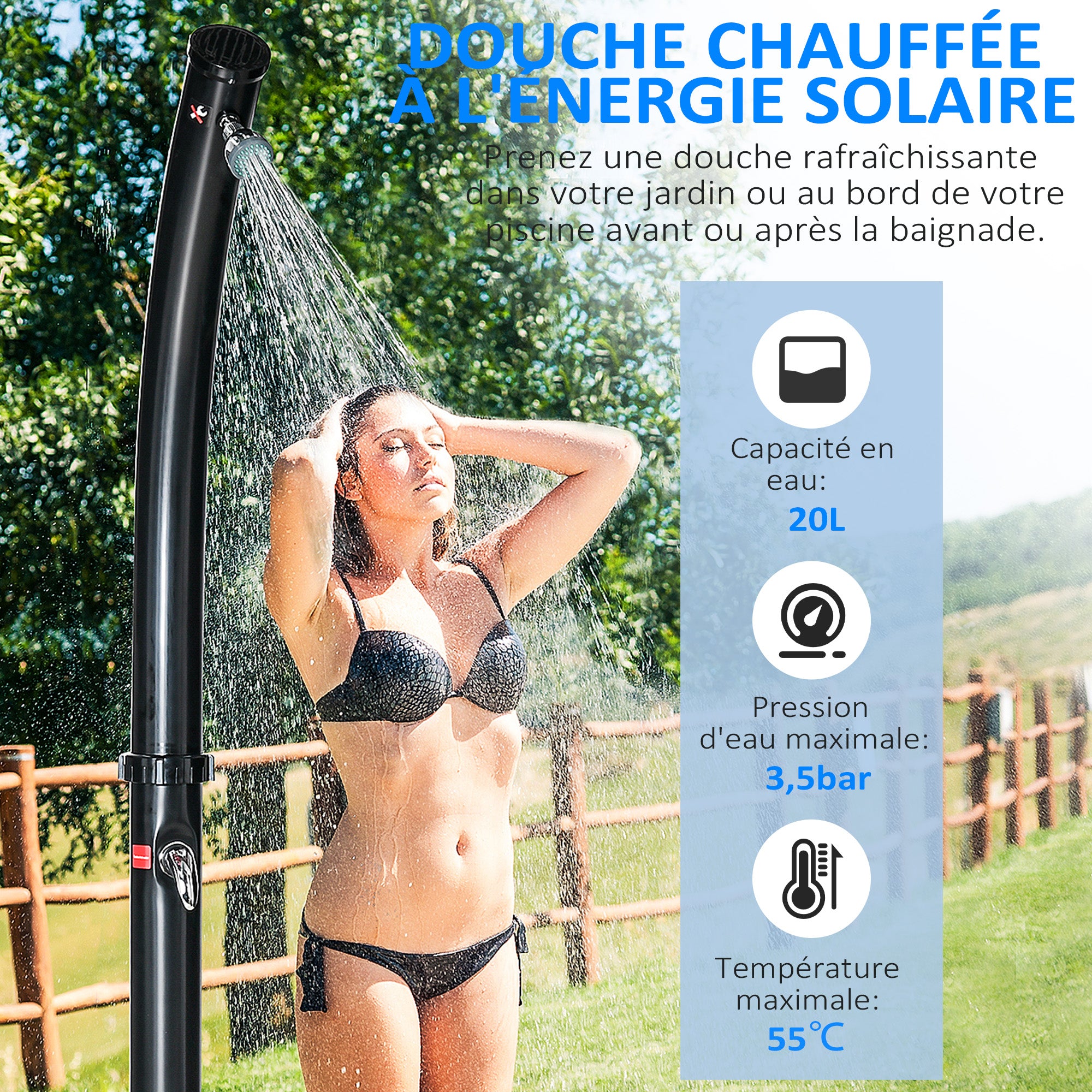 Outdoor Solar Shower, 20 liters garden solar shower, adjustable water temperature up to 60℃, for camping pool beach, black