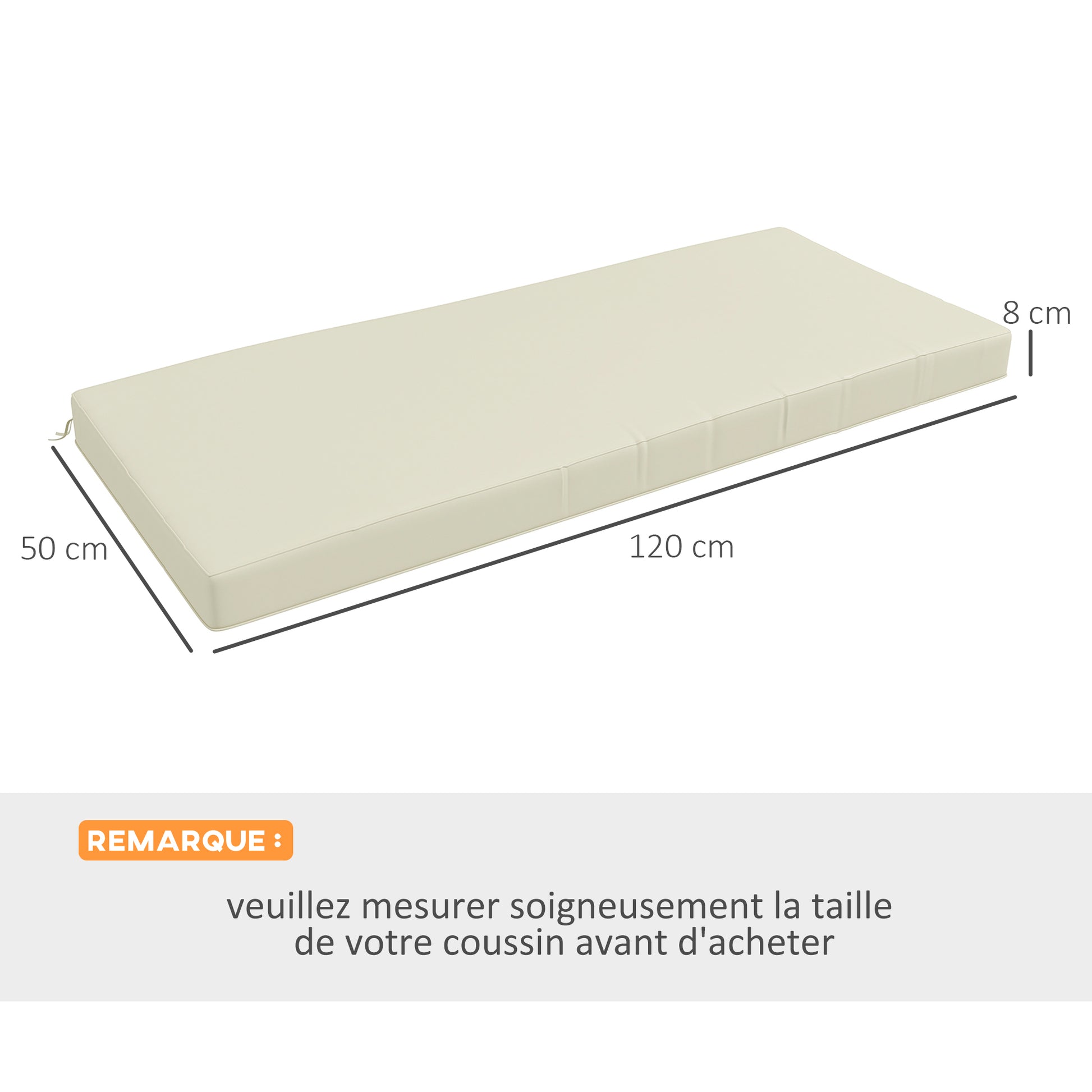 Removable Garden Bench Cushion - Swing Seat Cushion - 120L x 50W cm - 8 cm Padding - Tie Cords - Cream Polyester