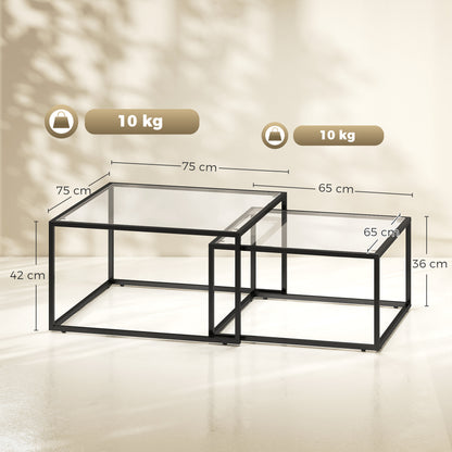 2-Piece Square Nesting Coffee Tables with Tempered Glass Tops & Metal Frame, Space-Saving Black — Large: 29.5 x 29.5 x 16.5 in; Small: 25.6 x 25.6 x 14.2 in