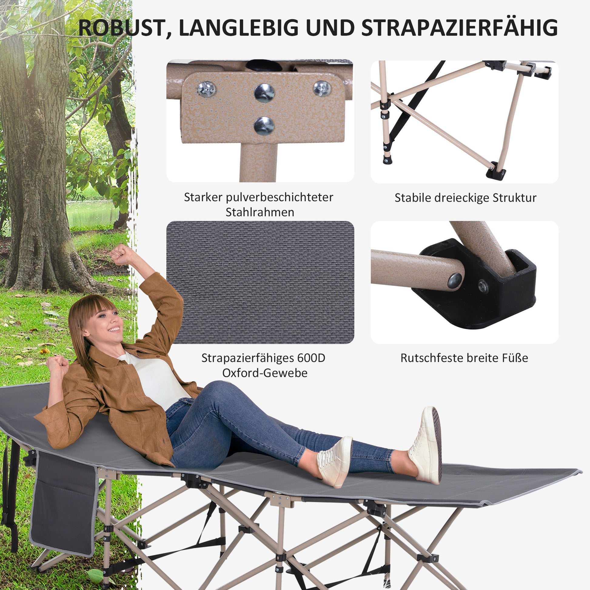 Folding Camp Bed with Carry Bag 190 x 68 x 52 cm Camping Bed up to 150 kg Guest Bed for Adults Foldable Bed for Indoor, Outdoor, Garden Camping Travel Gray