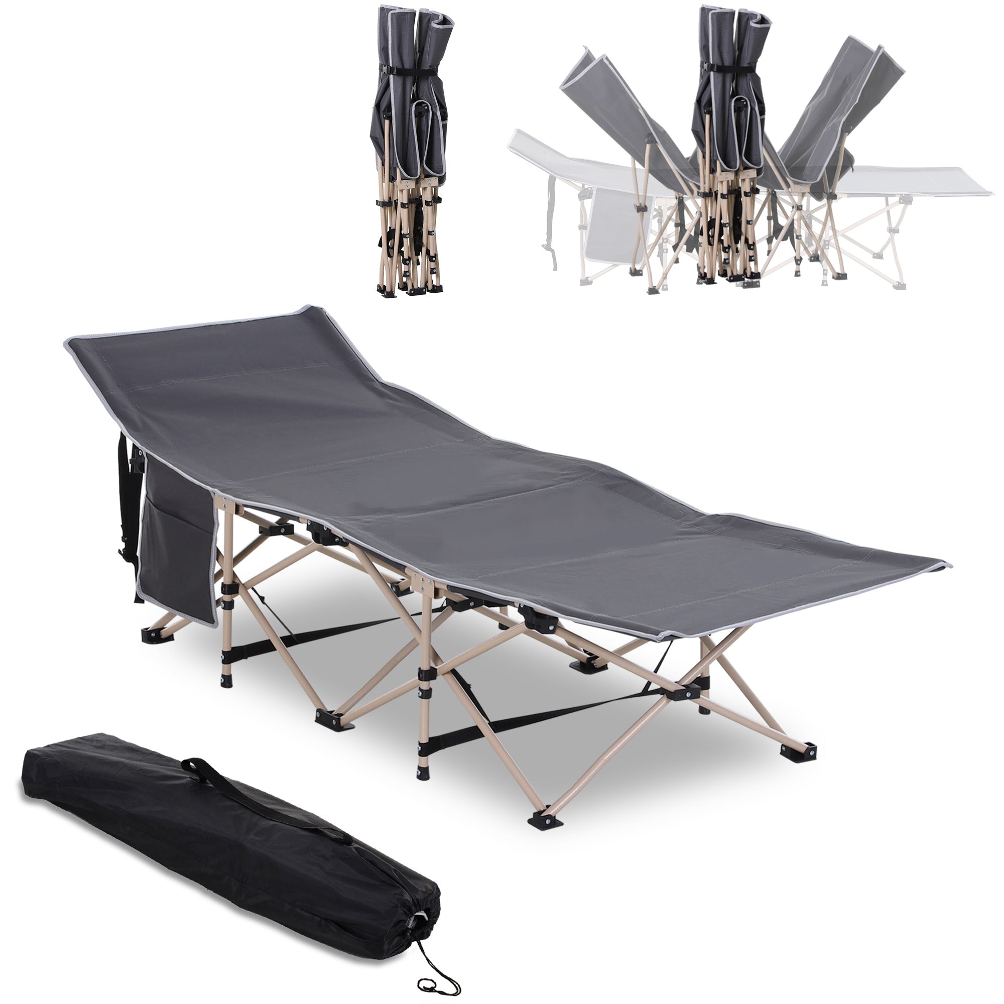 Folding Camp Bed with Carry Bag 190 x 68 x 52 cm Camping Bed up to 150 kg Guest Bed for Adults Foldable Bed for Indoor, Outdoor, Garden Camping Travel Gray