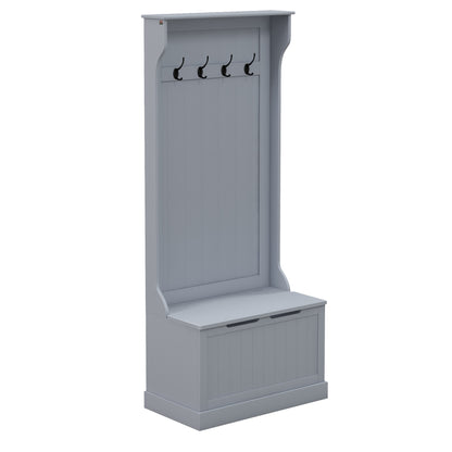 3 in 1 Entryway Coat Rack with Shoe Bench, Space Saving Floor Coat Rack with 4 Hooks and Storage Bench, in MDF, for Hallway, Bedroom, 71.5x39.5x170 cm, Gray