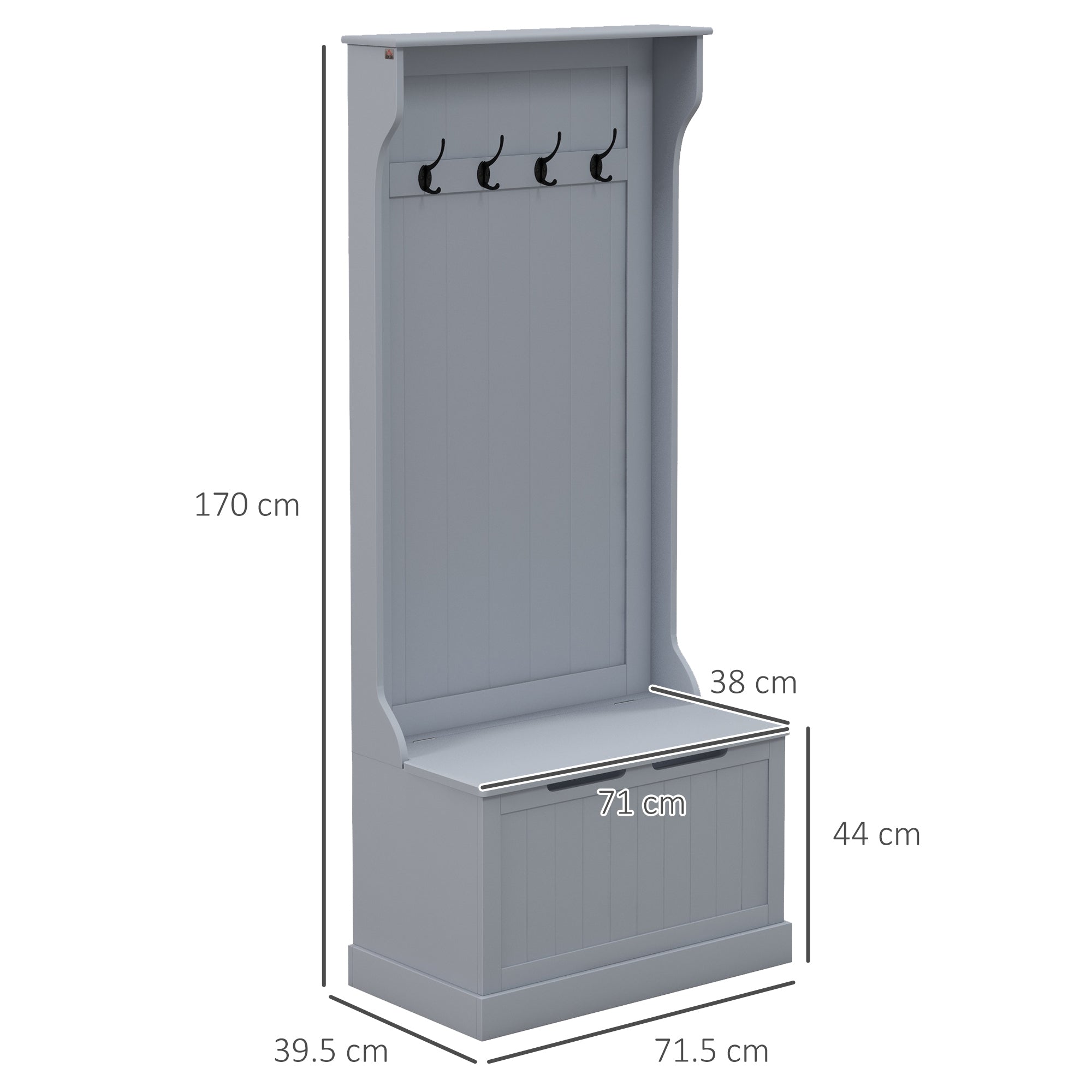 3 in 1 Entryway Coat Rack with Shoe Bench, Space Saving Floor Coat Rack with 4 Hooks and Storage Bench, in MDF, for Hallway, Bedroom, 71.5x39.5x170 cm, Gray