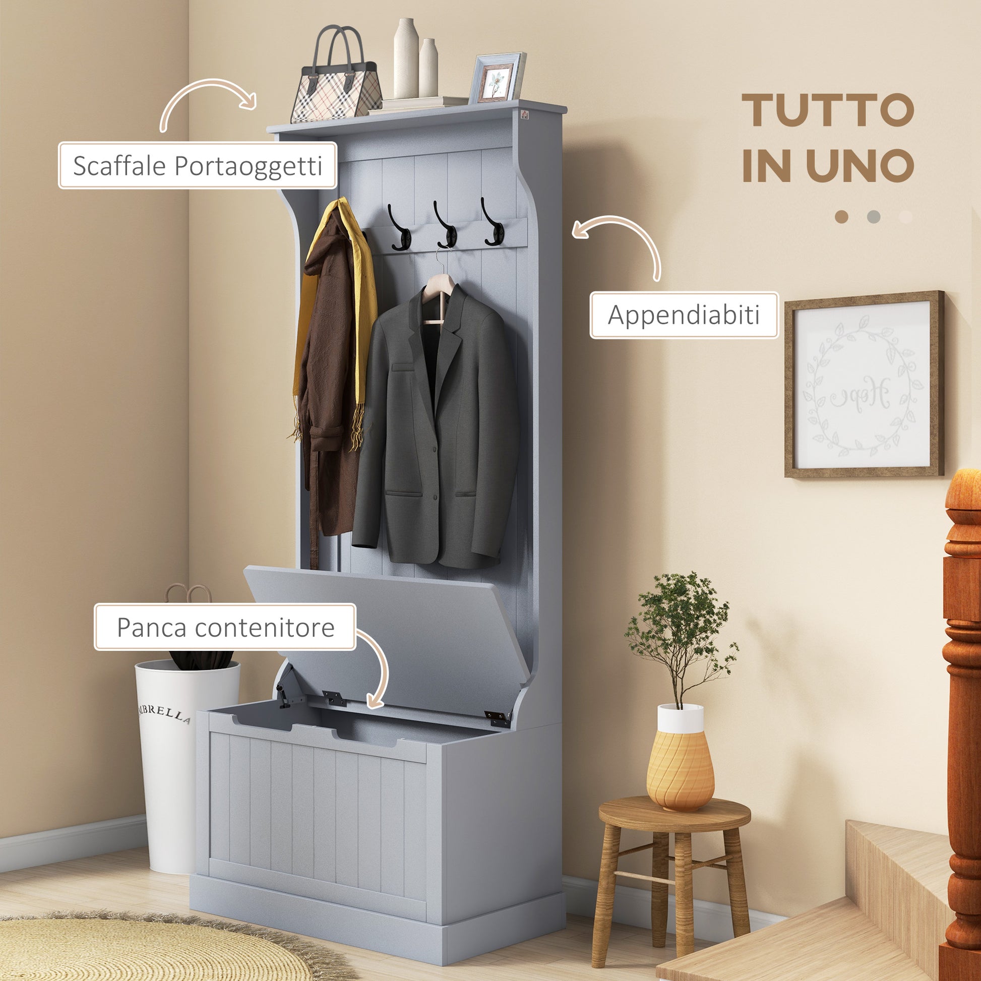 3 in 1 Entryway Coat Rack with Shoe Bench, Space Saving Floor Coat Rack with 4 Hooks and Storage Bench, in MDF, for Hallway, Bedroom, 71.5x39.5x170 cm, Gray